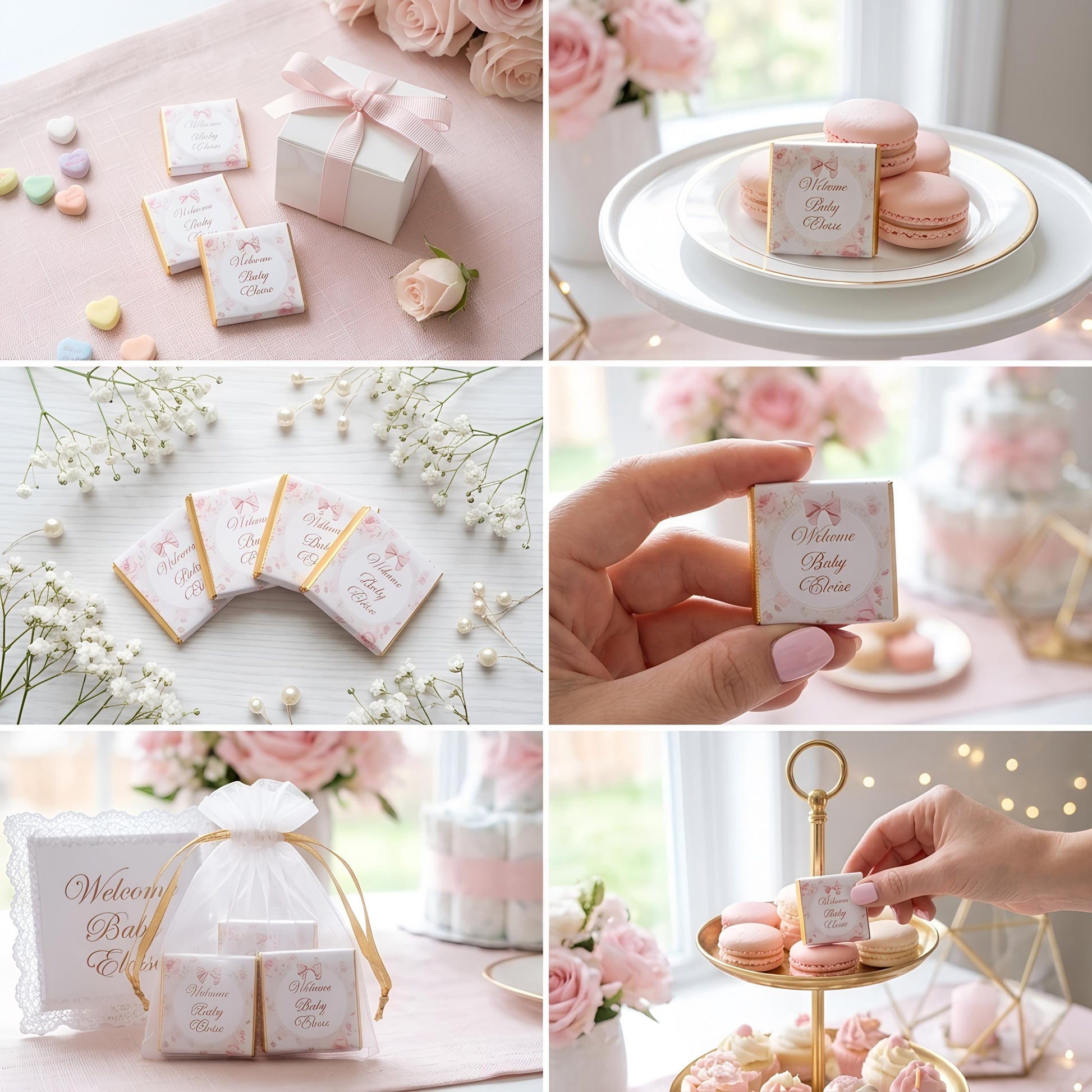 Personalised pink floral milk chocolates for baby girl shower favours and table decor