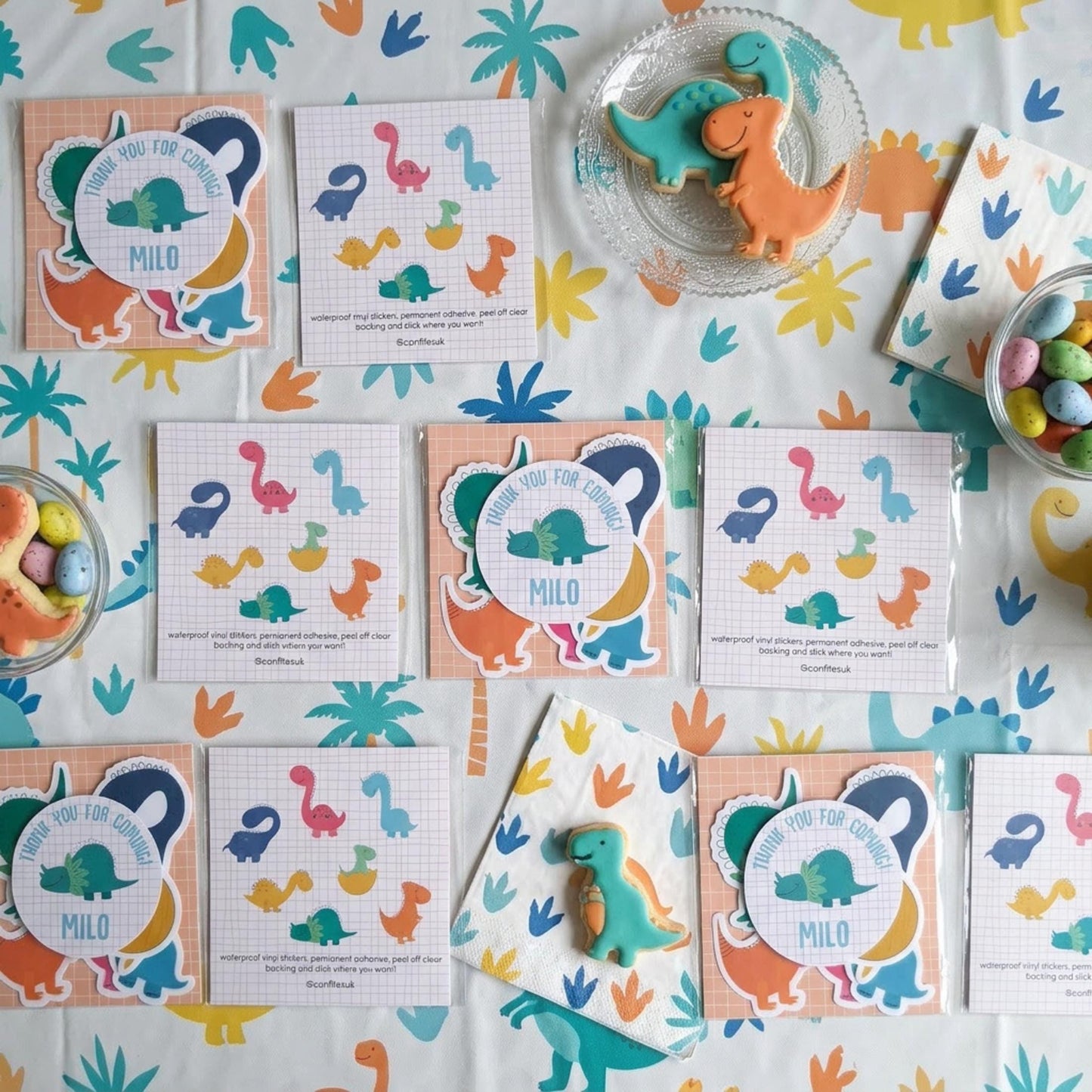 Personalised Colorful Dinosaur Vinyl Stickers Party Bags, Custom Dino Birthday Favours