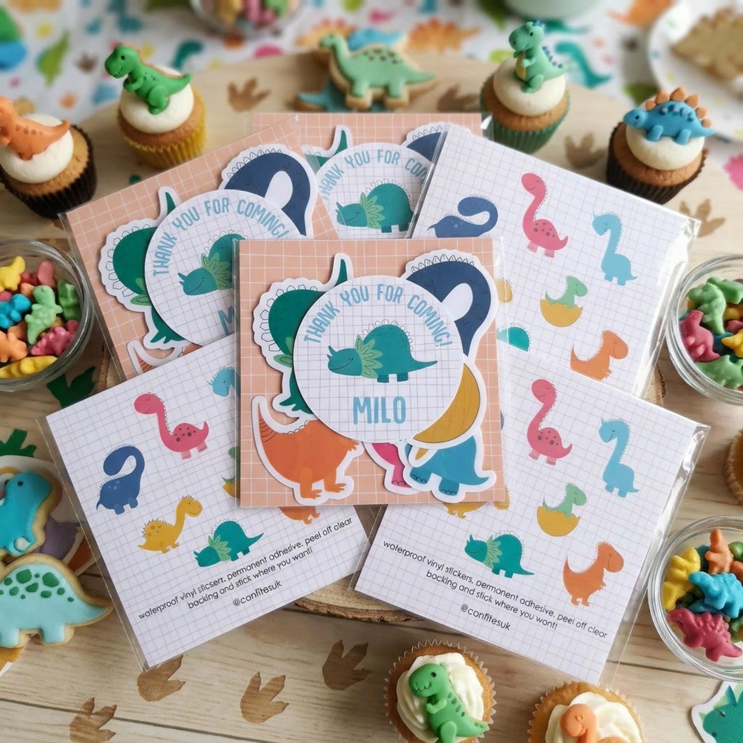 Personalised Colorful Dinosaur Vinyl Stickers Party Bags, Custom Dino Birthday Favours