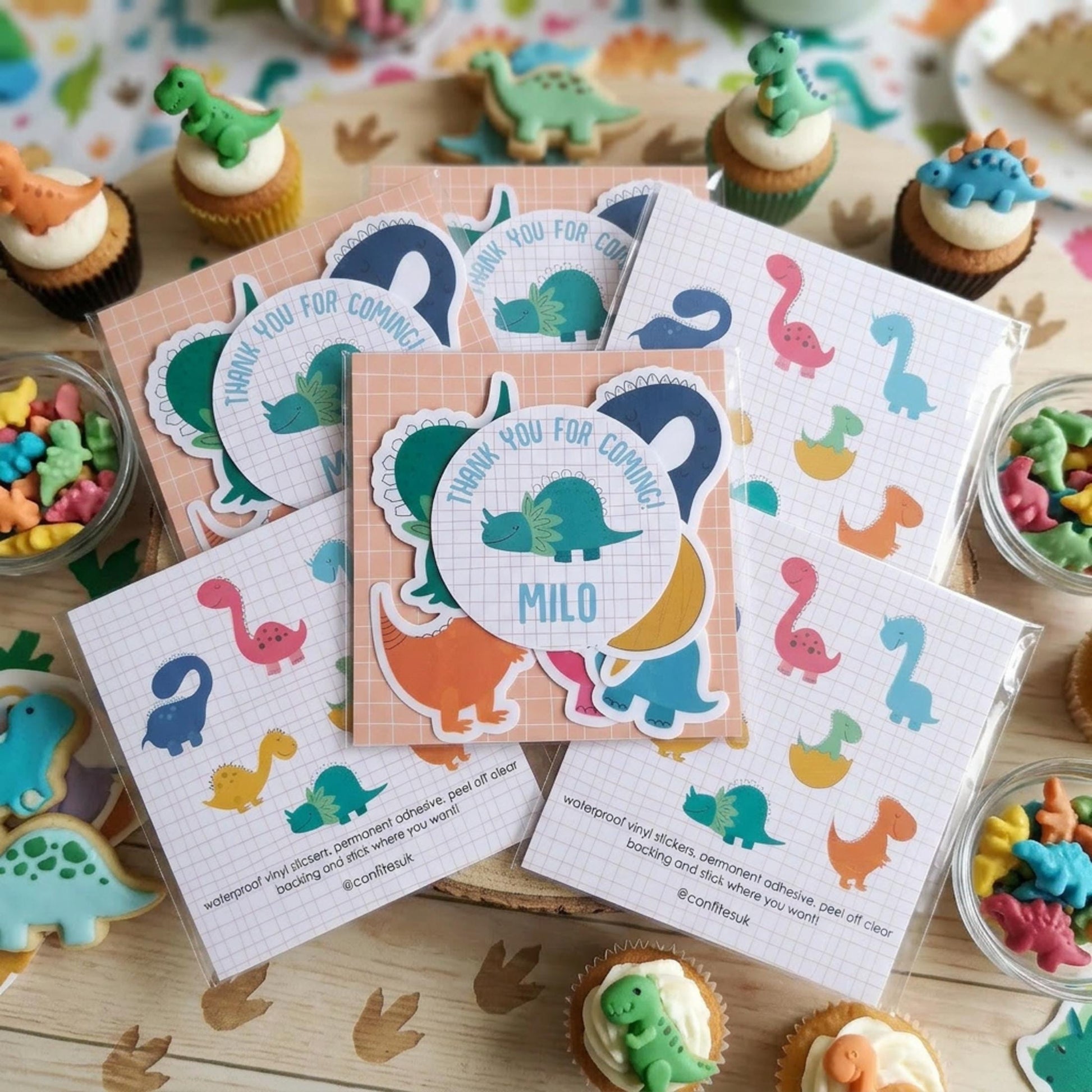 Personalised Colorful Dinosaur Vinyl Stickers Party Bags, Custom Dino Birthday Favours
