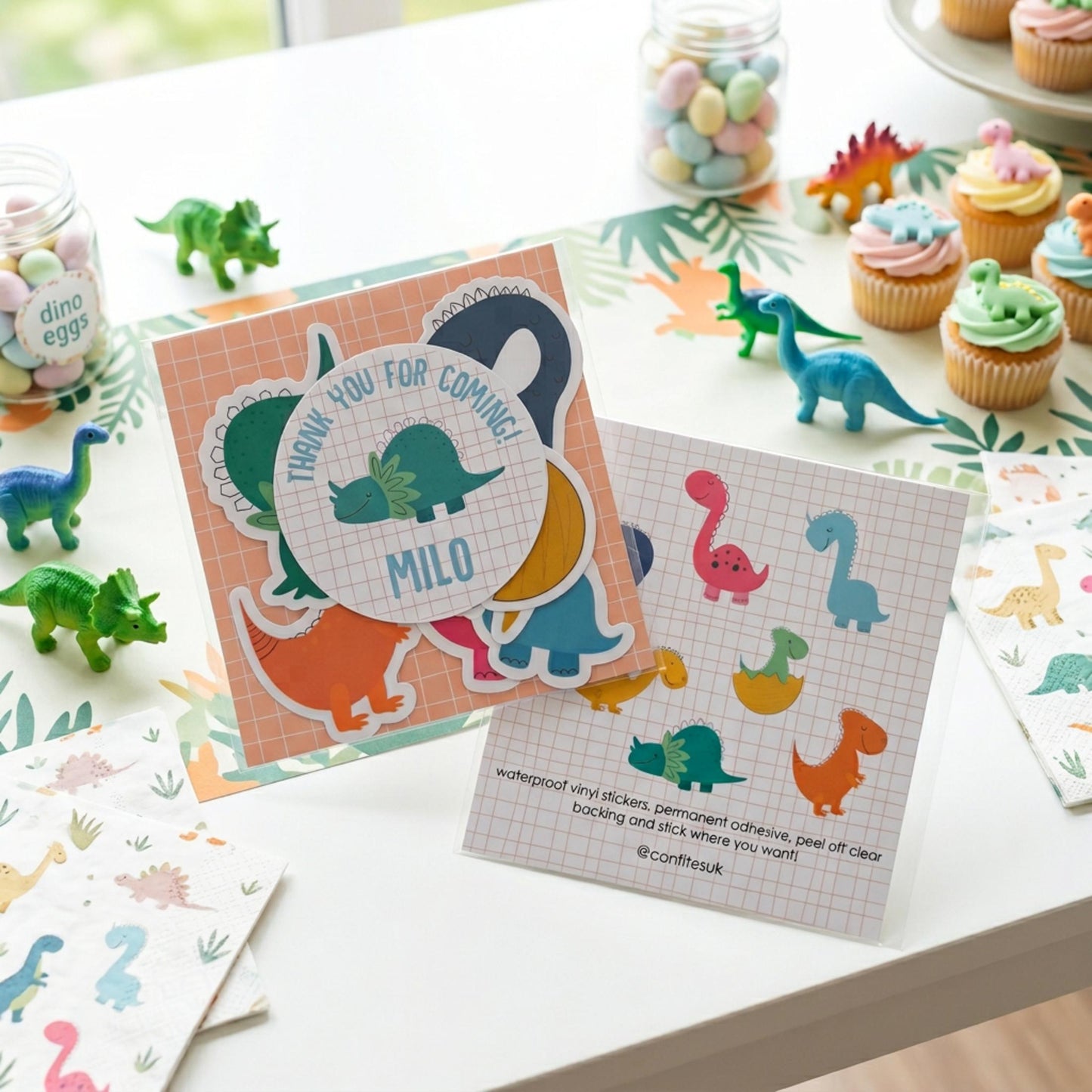Personalised Colorful Dinosaur Vinyl Stickers Party Bags, Custom Dino Birthday Favours