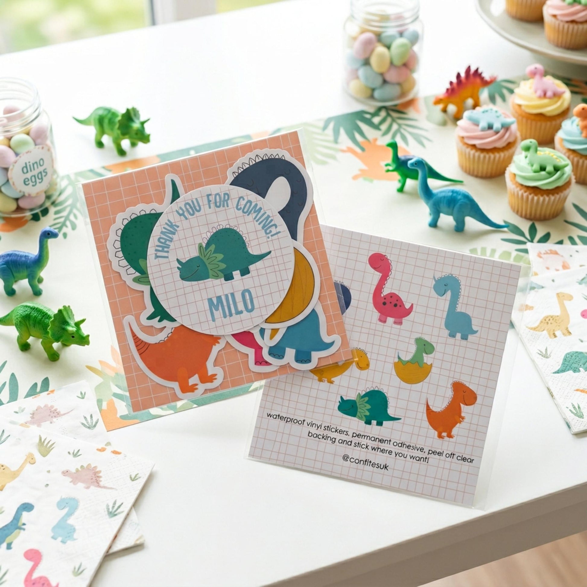 Personalised Colorful Dinosaur Vinyl Stickers Party Bags, Custom Dino Birthday Favours