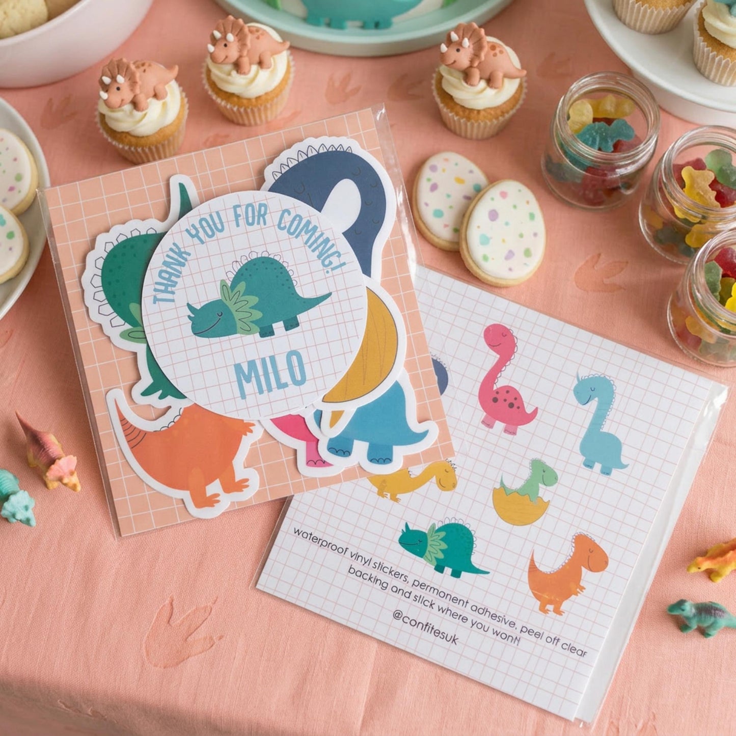 Personalised Colorful Dinosaur Vinyl Stickers Party Bags, Custom Dino Birthday Favours