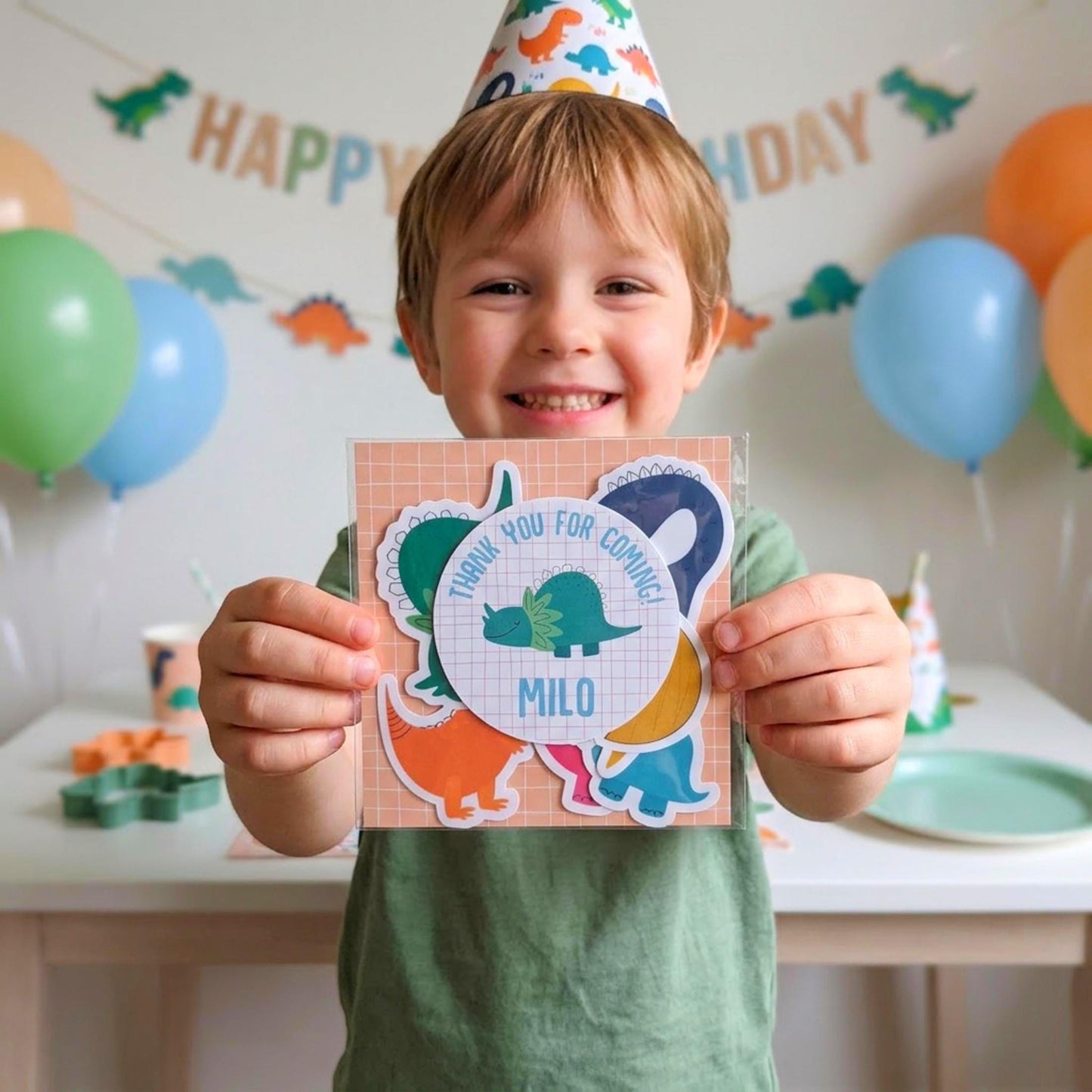 Personalised Colorful Dinosaur Vinyl Stickers Party Bags, Custom Dino Birthday Favours