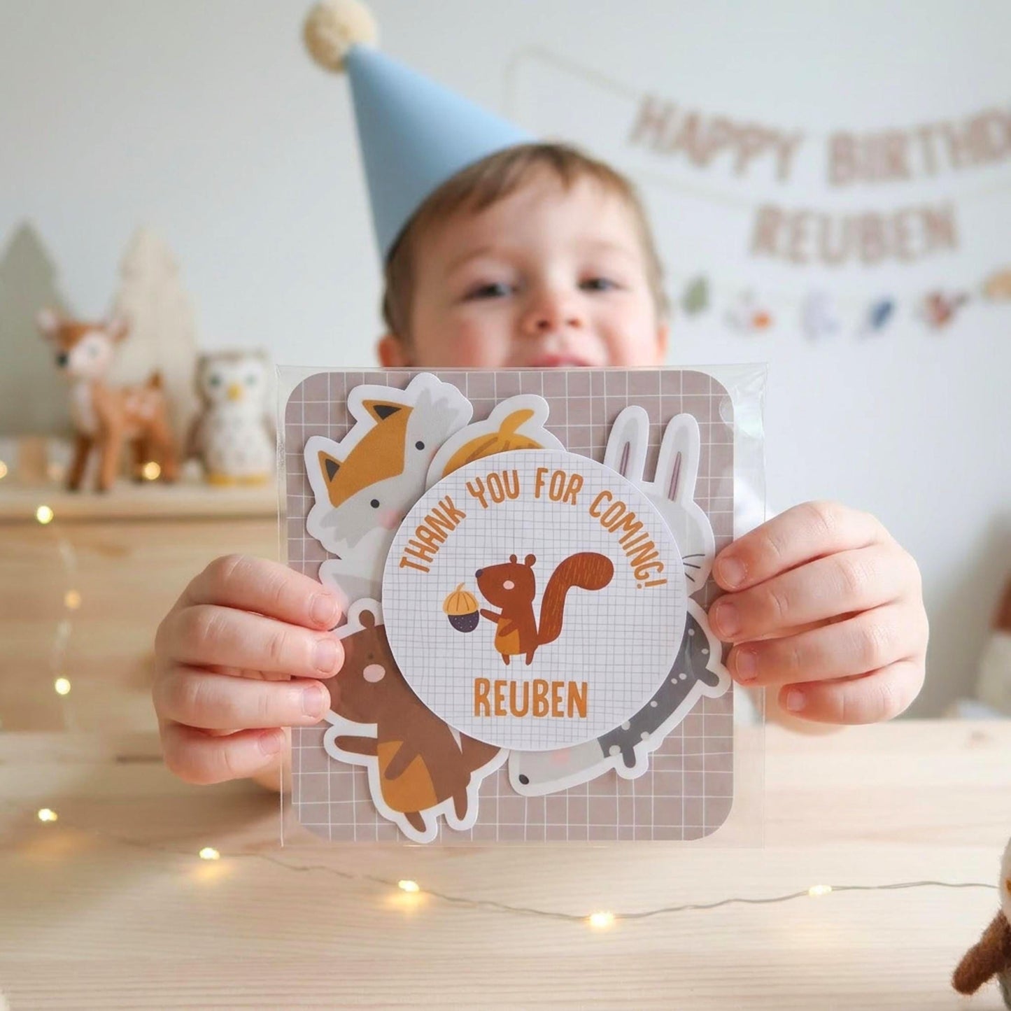Personalised Woodland Vinyl Stickers Party Bags, Custom Forest Animal Birthday Favours