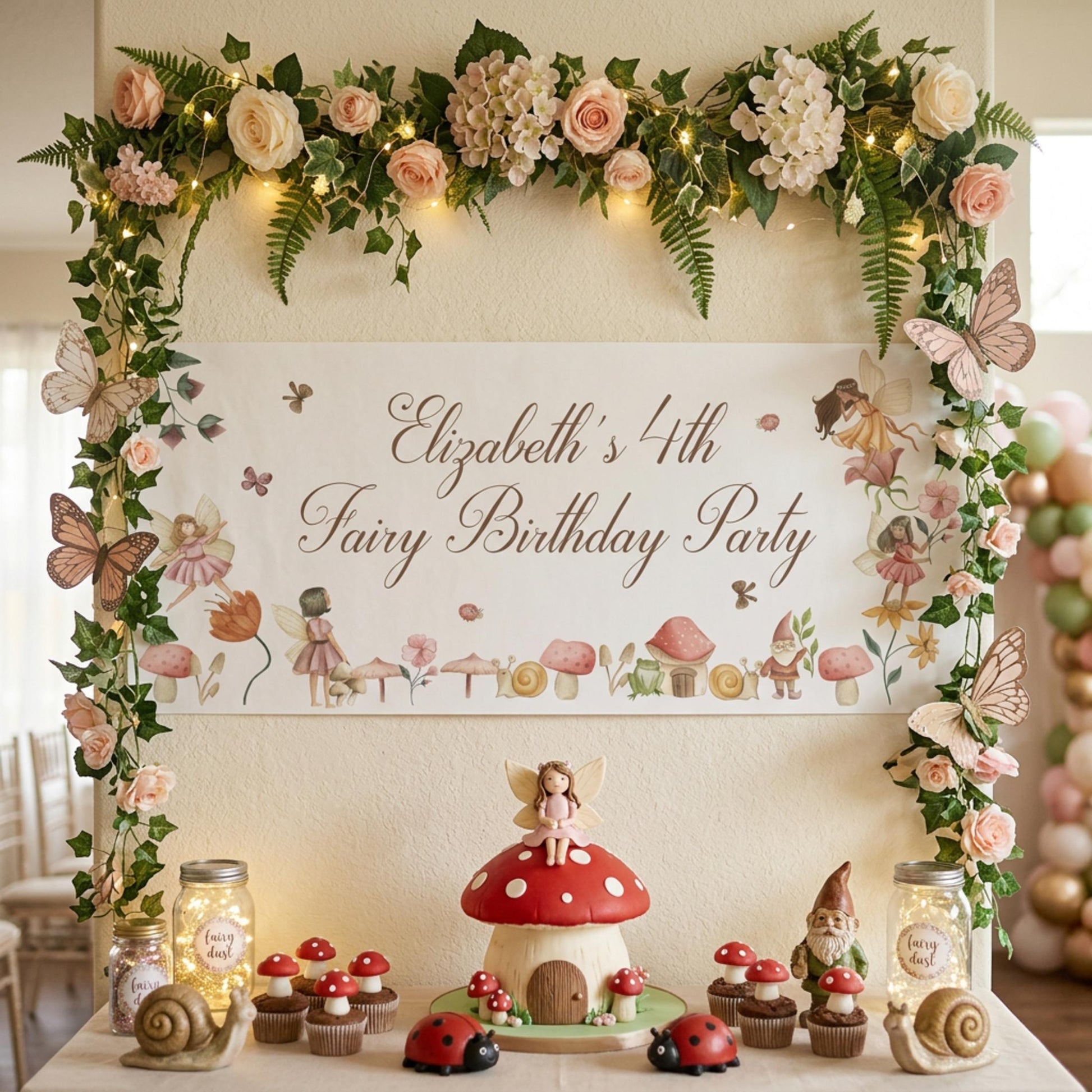 Personalised Fairy Woodland Birthday Banner, Custom Girls Party Backdrop, Matte Paper Print