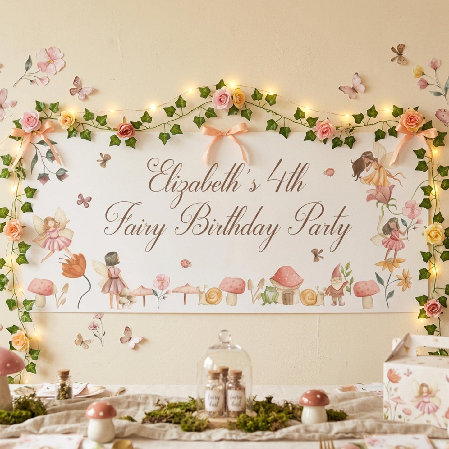 Personalised Fairy Woodland Birthday Banner, Custom Girls Party Backdrop, Matte Paper Print