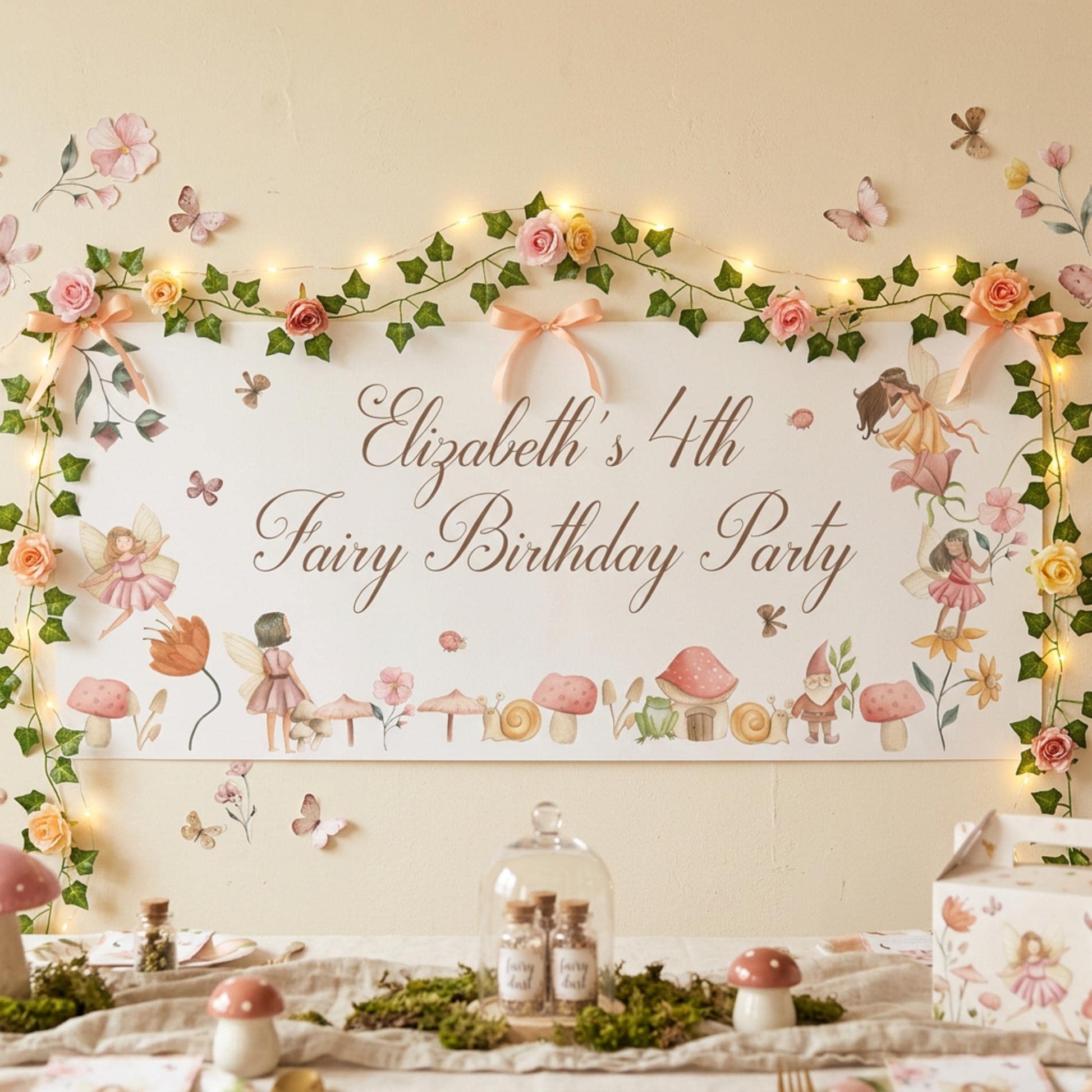 Personalised Fairy Woodland Birthday Banner, Custom Girls Party Backdrop, Matte Paper Print