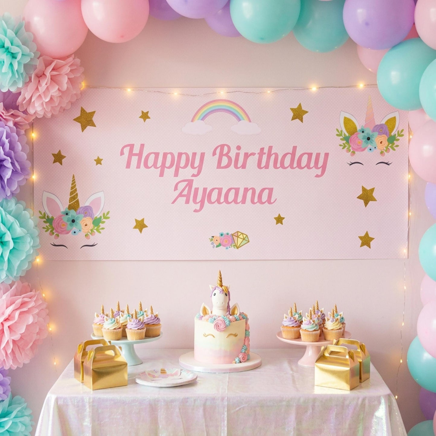 Personalised Unicorn Birthday Backdrop, Magical Rainbow Party Decor for Girls, Cake Table Wall Decor