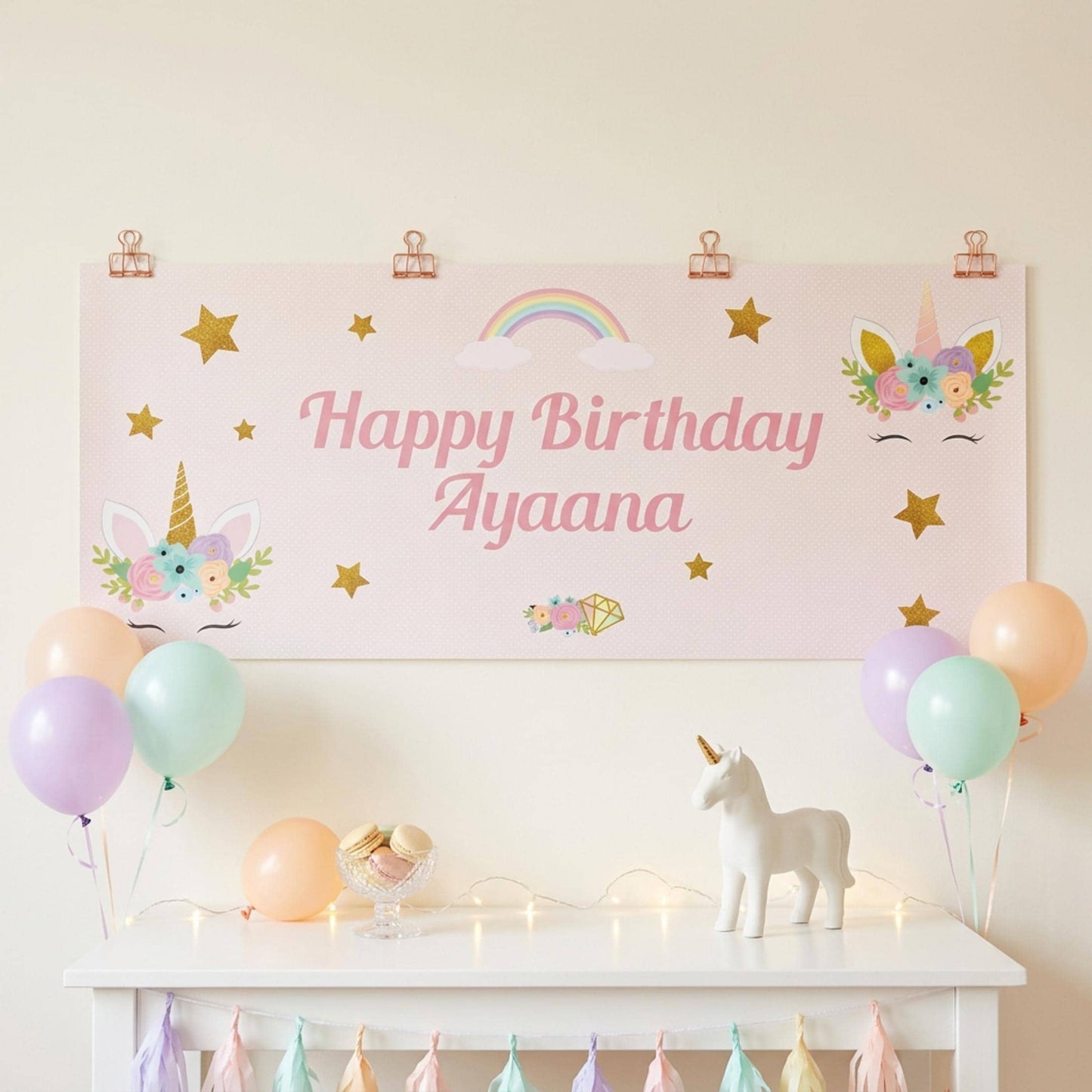 Personalised Unicorn Birthday Backdrop, Magical Rainbow Party Decor for Girls, Cake Table Wall Decor