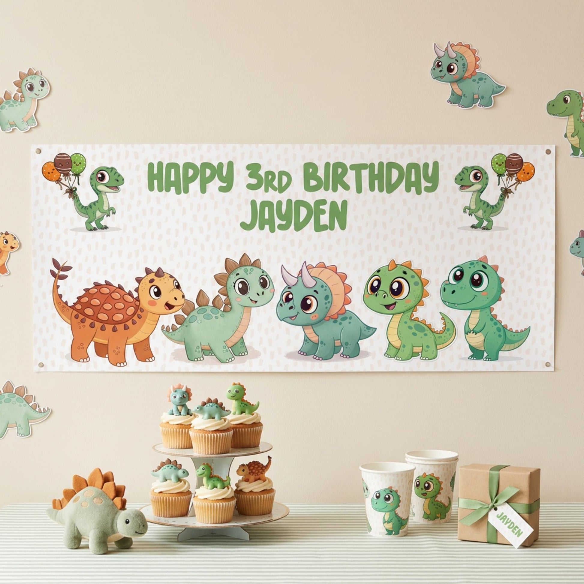 Personalised Dinosaur Birthday Banner, Custom Dino Cake Table Backdrop