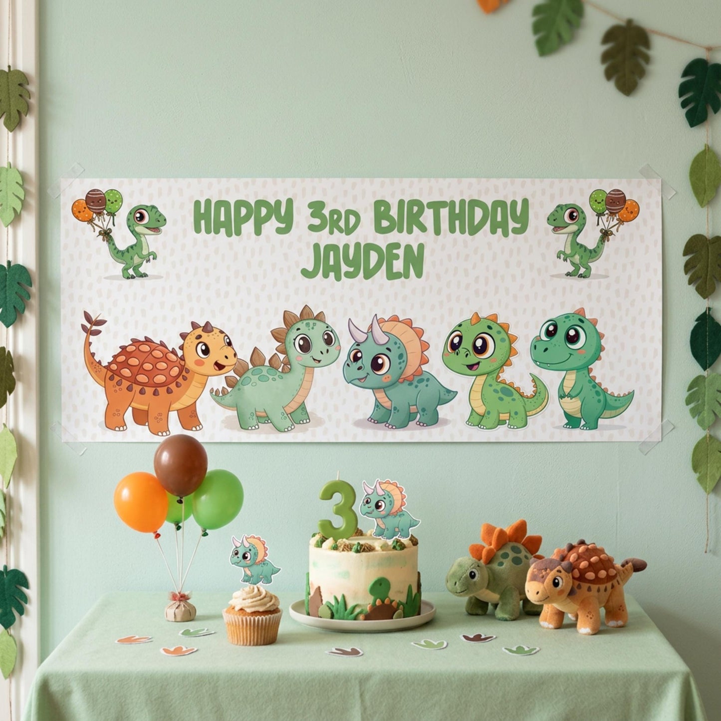 Personalised Dinosaur Birthday Banner, Custom Dino Cake Table Backdrop