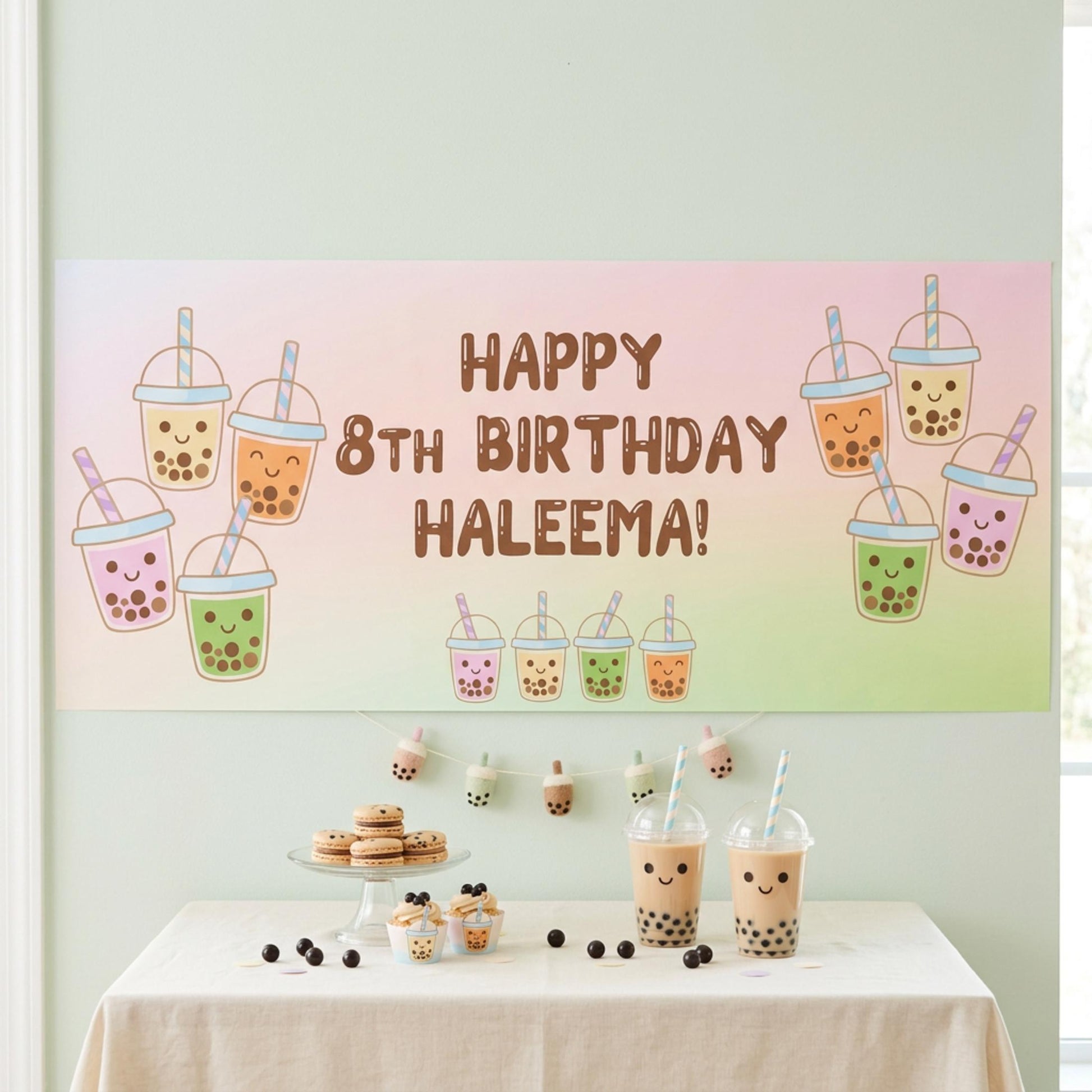 Personalised Bubble Tea Birthday Banner, Kawaii Boba Party Backdrop, Customisable Decor