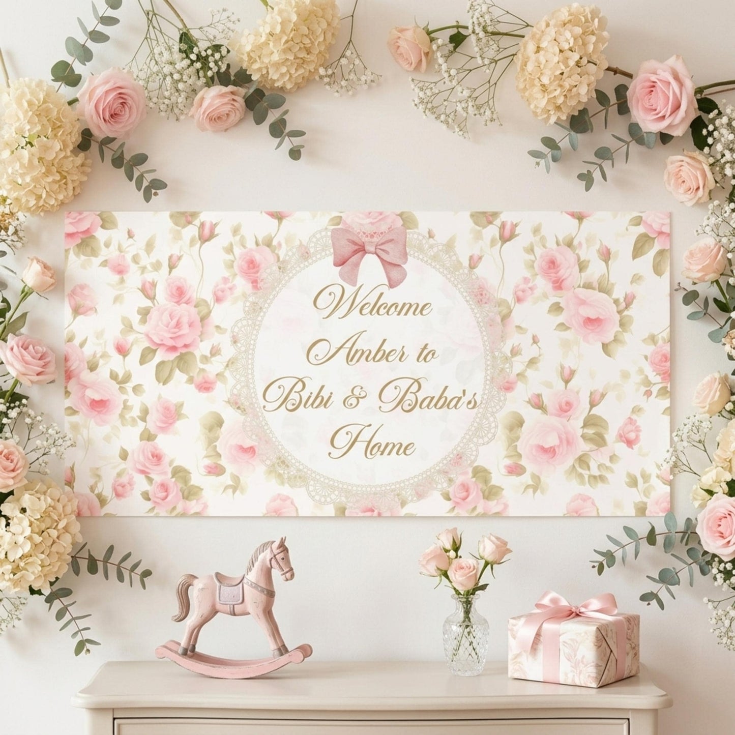 Personalised Floral Welcome Baby Girl Banner, Vintage Rose Nursery Poster