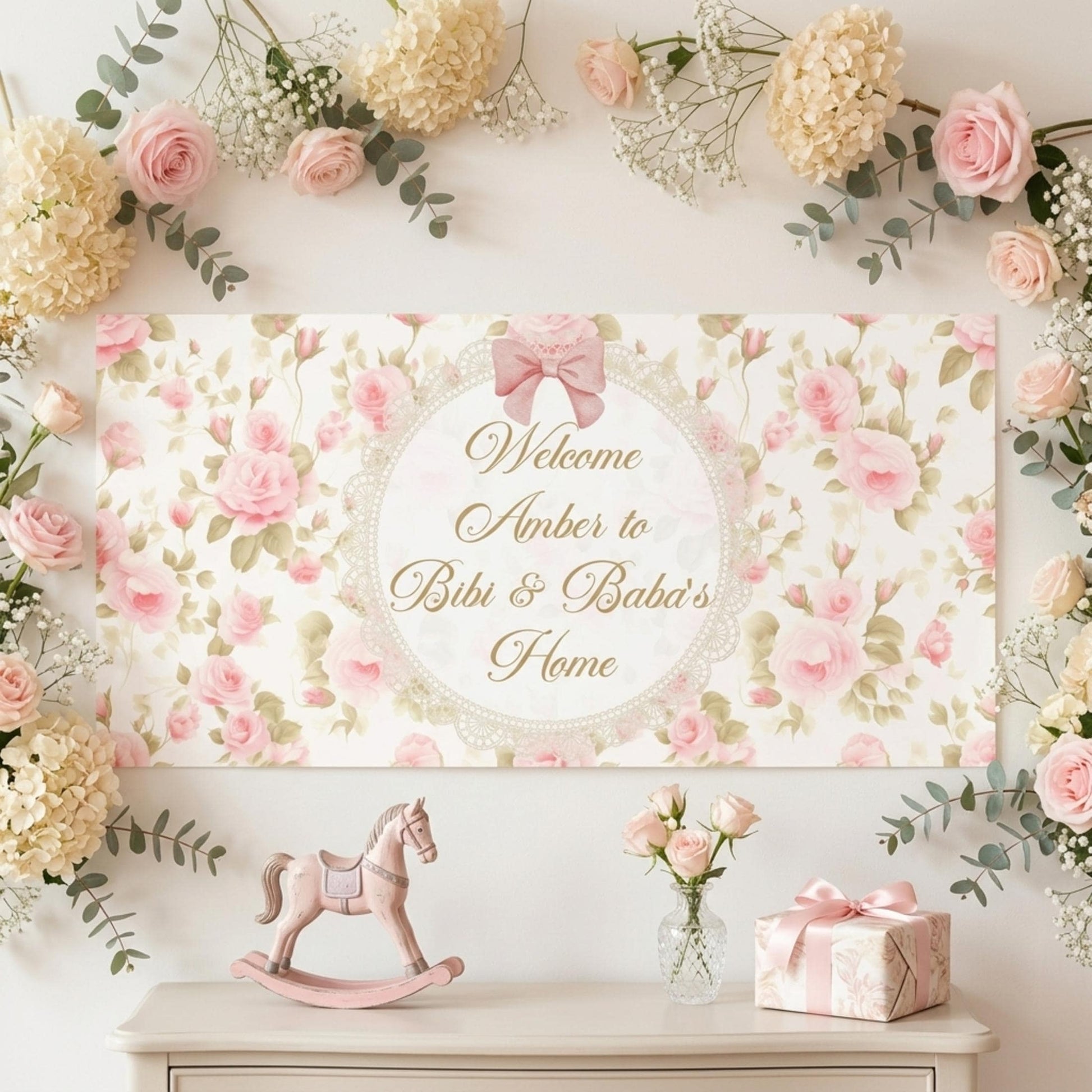 Personalised Floral Welcome Baby Girl Banner, Vintage Rose Nursery Poster