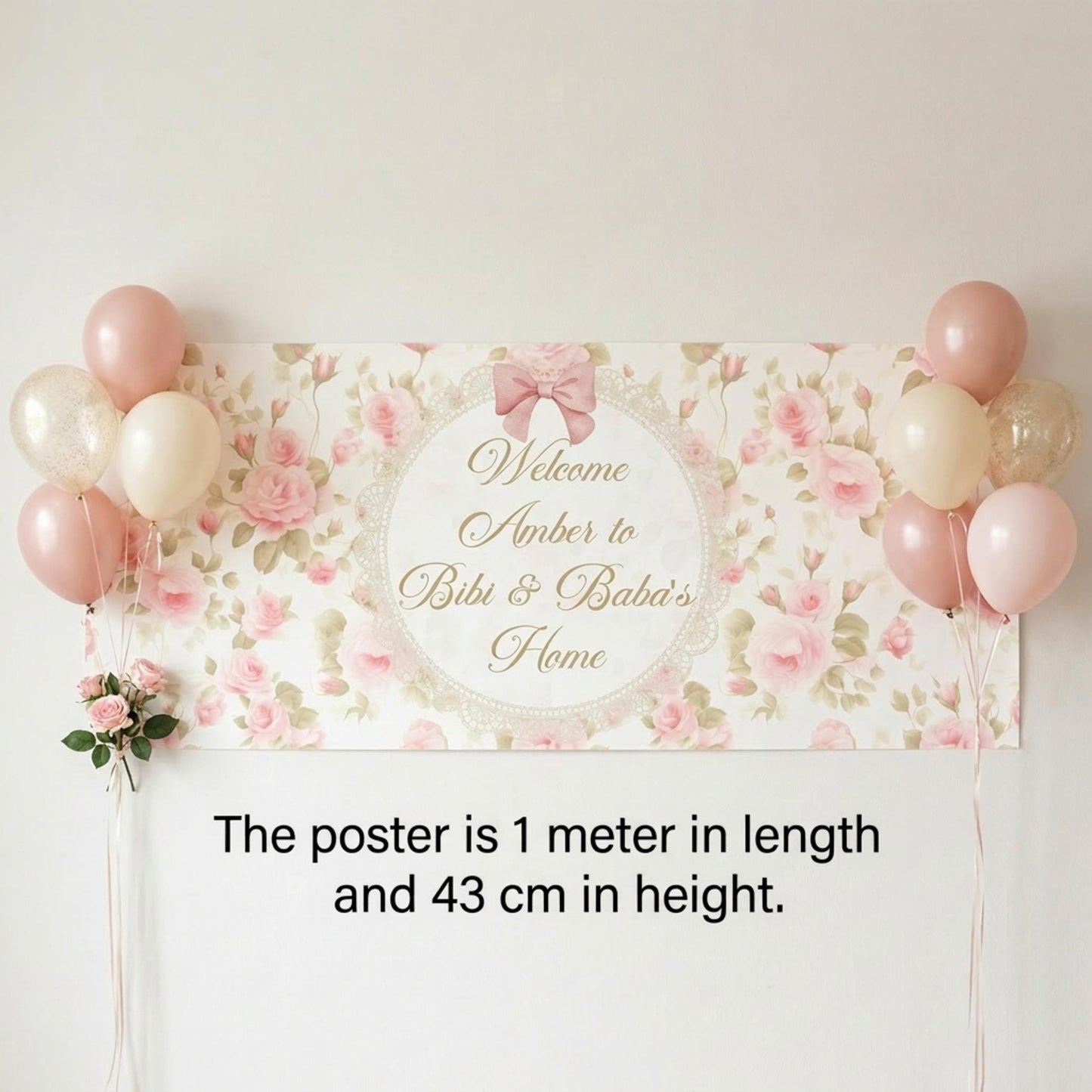 Personalised Floral Welcome Baby Girl Banner, Vintage Rose Nursery Poster