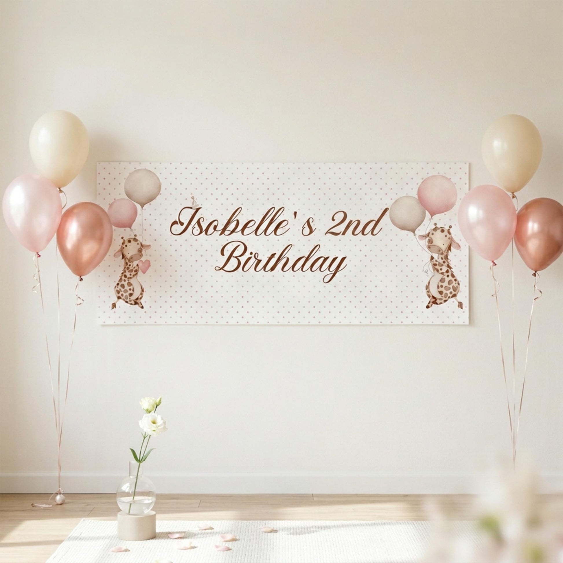 Personalised Giraffe Birthday Banner, Safari Party Backdrop, Pink Polka Dot Wall Sign