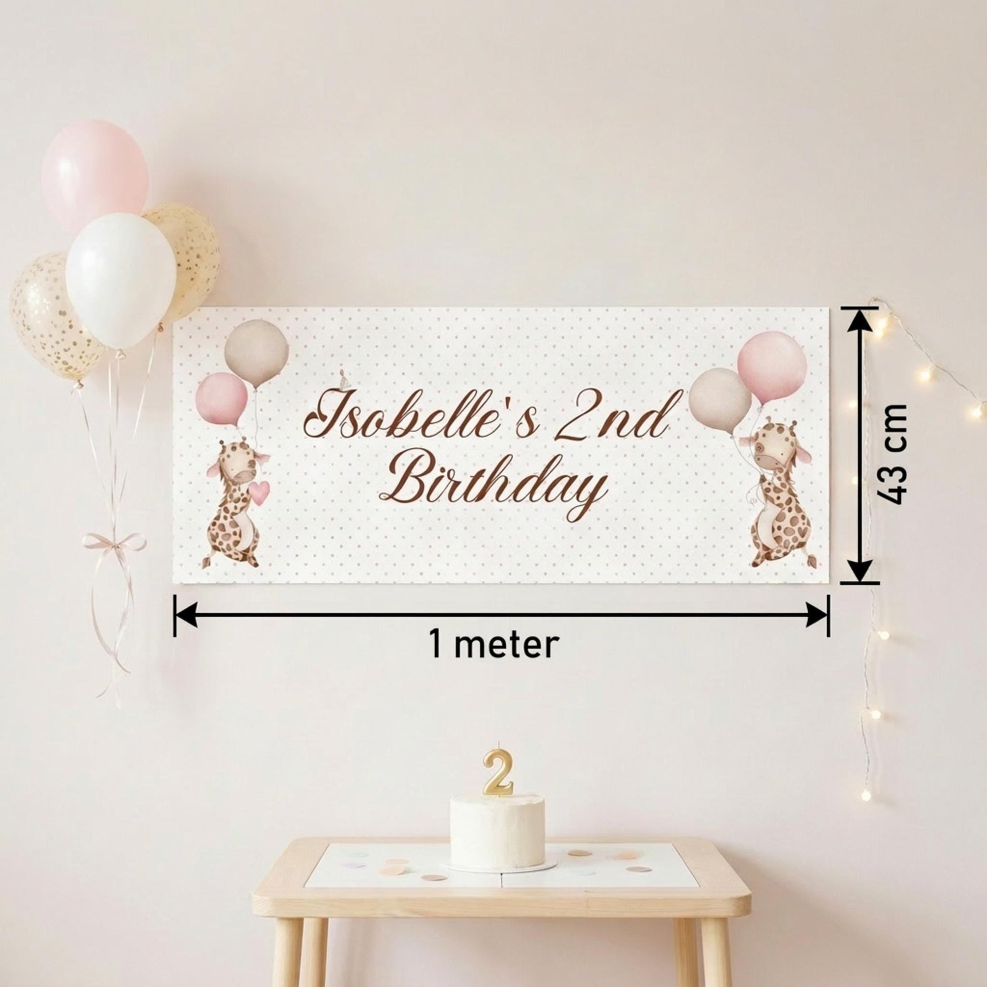 Personalised Giraffe Birthday Banner, Safari Party Backdrop, Pink Polka Dot Wall Sign