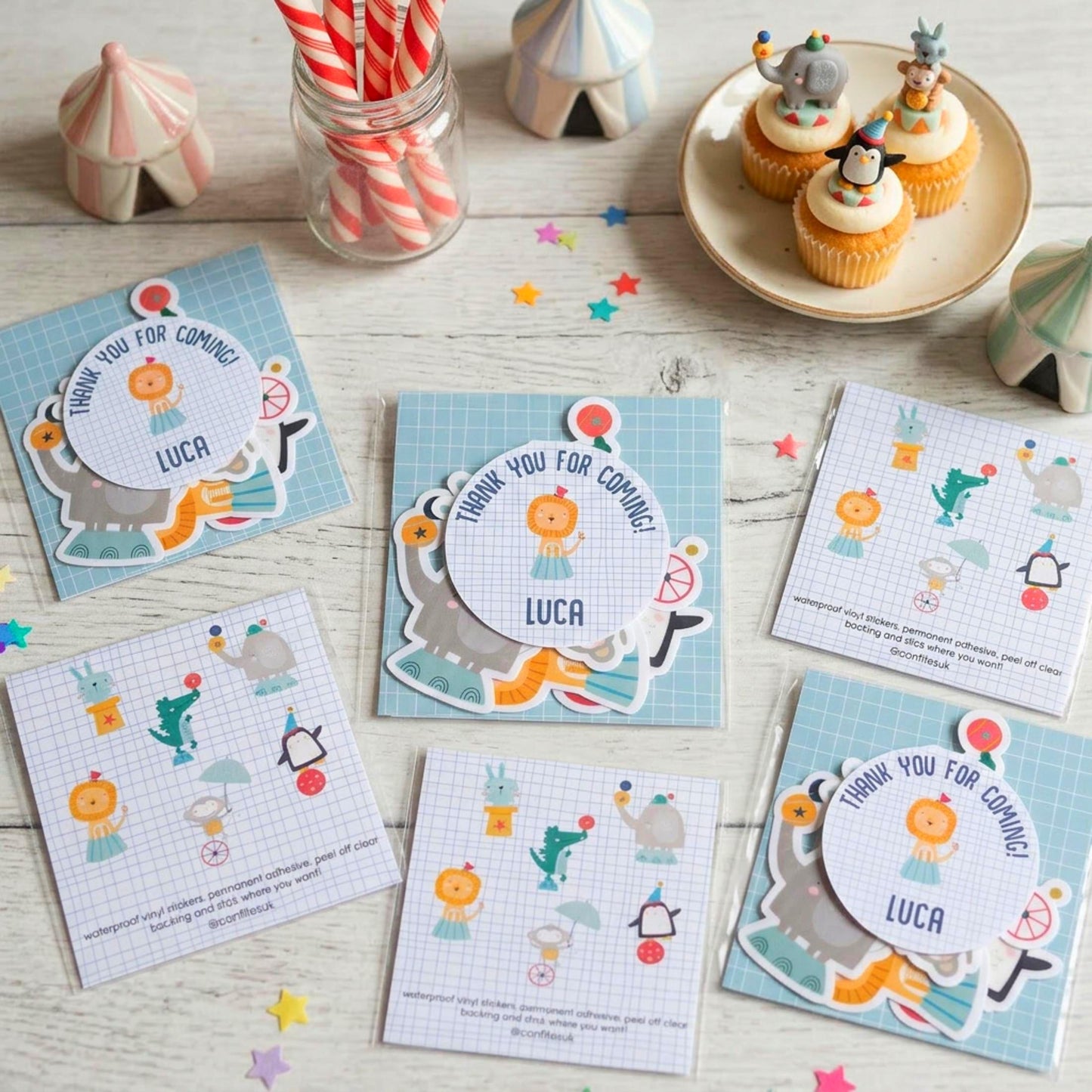 Personalised Circus Vinyl Stickers Party Bags, Custom Carnival Birthday Favours