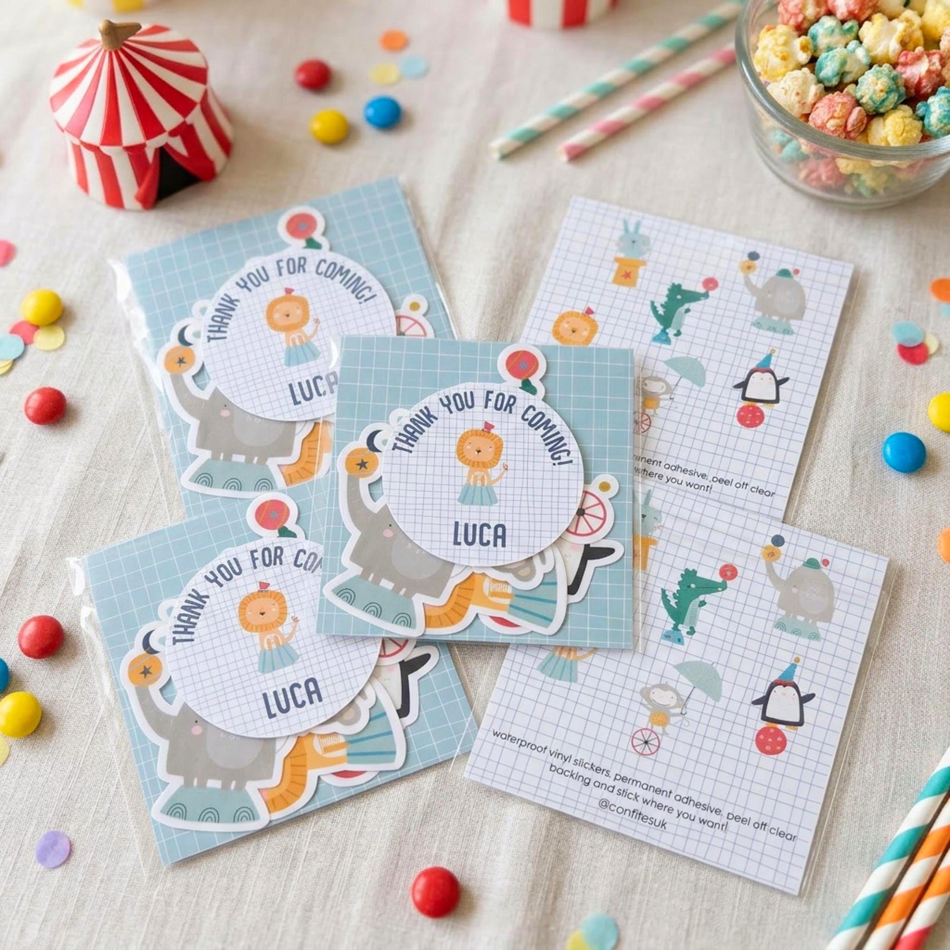 Personalised Circus Vinyl Stickers Party Bags, Custom Carnival Birthday Favours