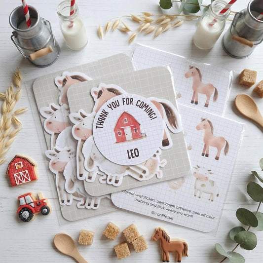 Personalised Farm Vinyl Stickers Party Bags, Custom Farmyard Birthday Favours