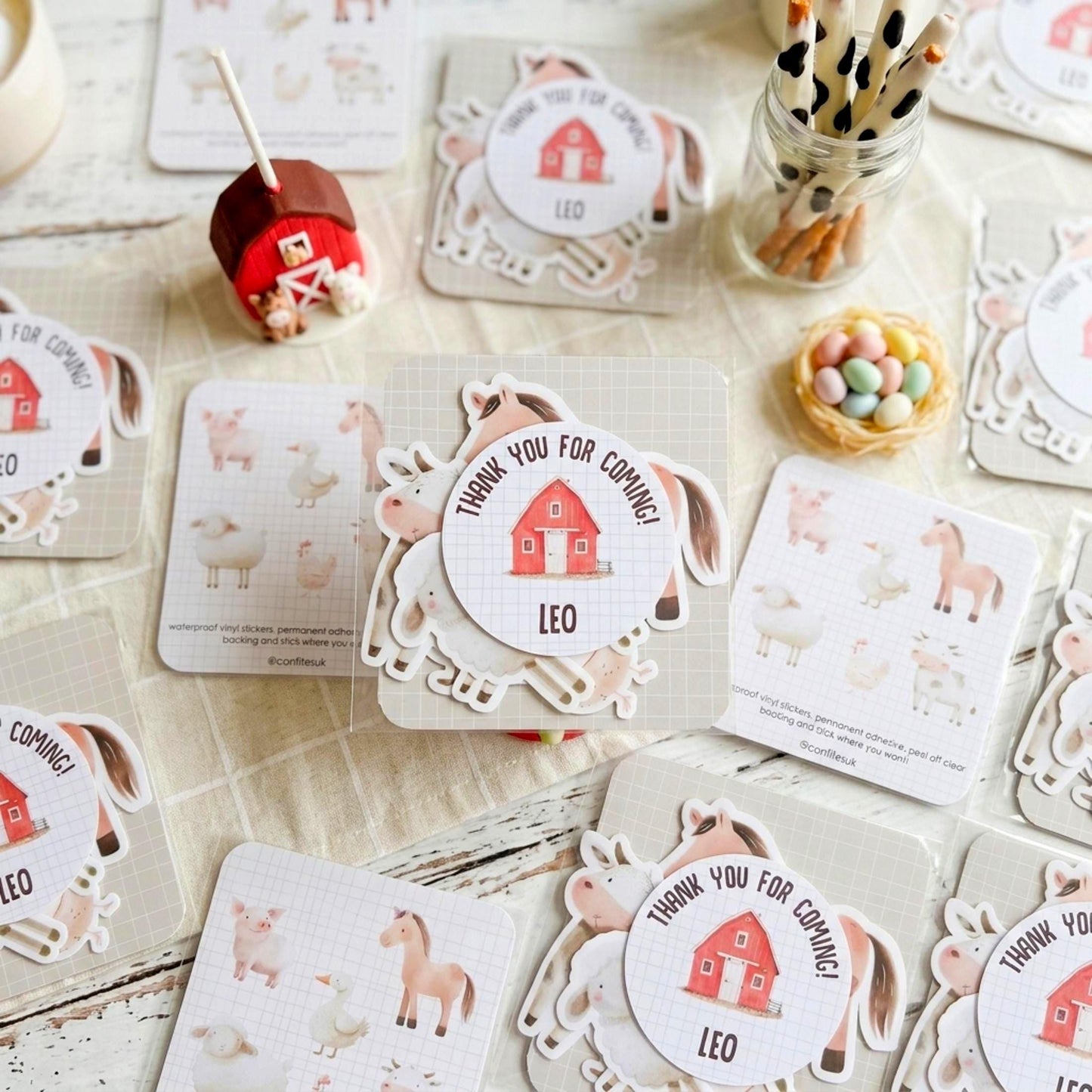 Personalised Farm Vinyl Stickers Party Bags, Custom Farmyard Birthday Favours