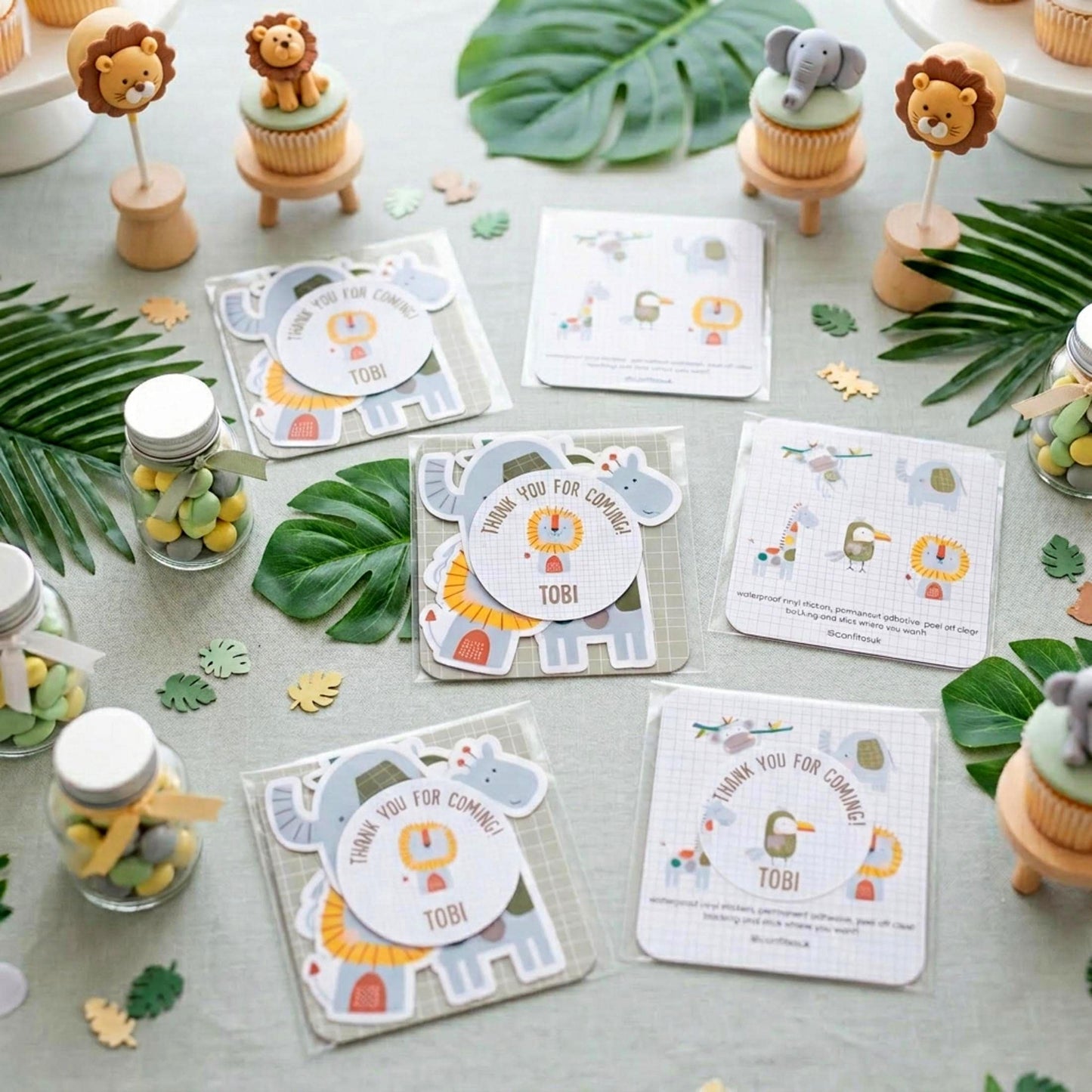 Personalised Safari Vinyl Stickers Party bags, Zoo Birthday Waterproof Decals