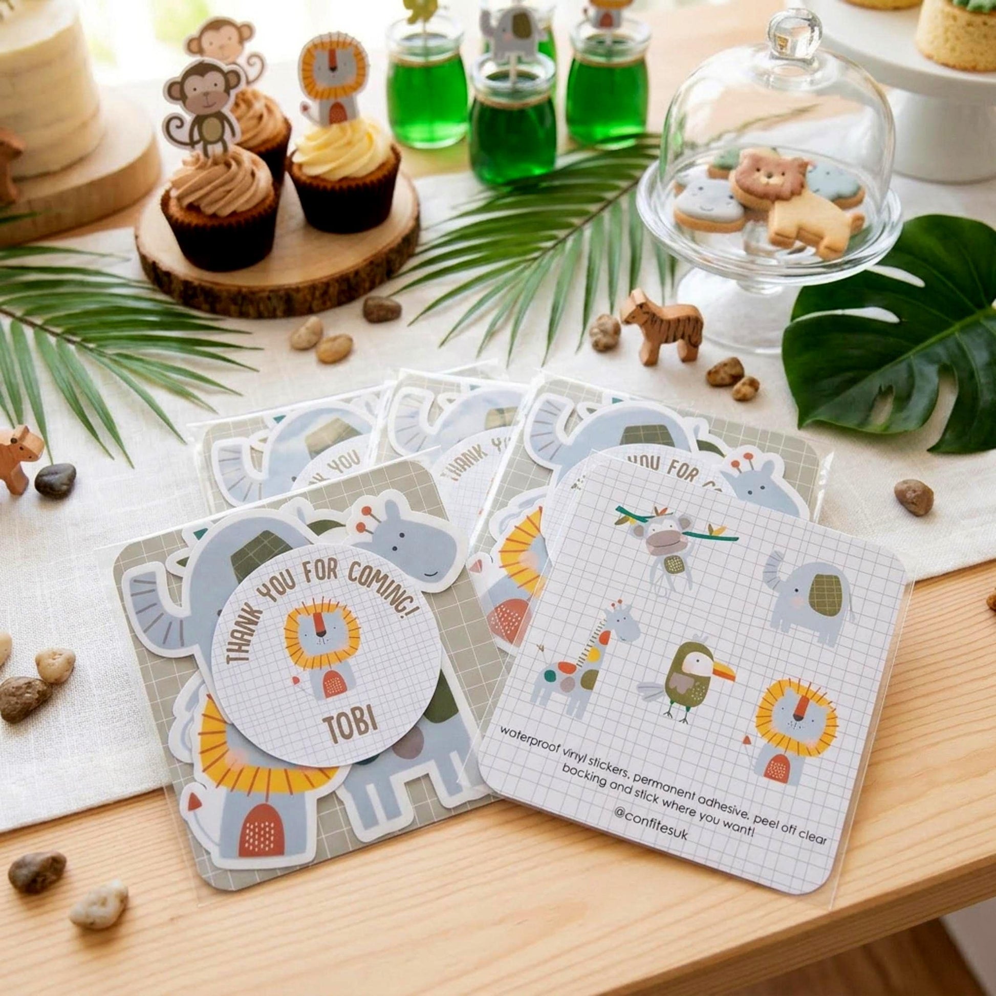 Personalised Safari Vinyl Stickers Party bags, Zoo Birthday Waterproof Decals