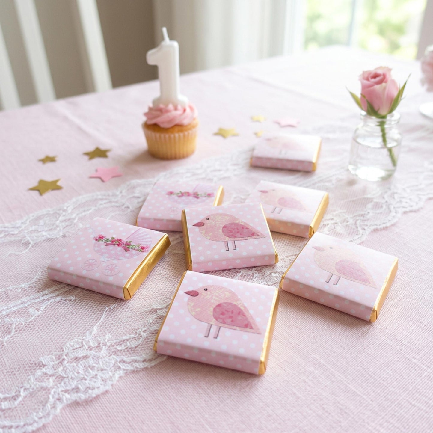 Personalised Baby Girl Chocolate Favours – Pink Bird Pram Sweets