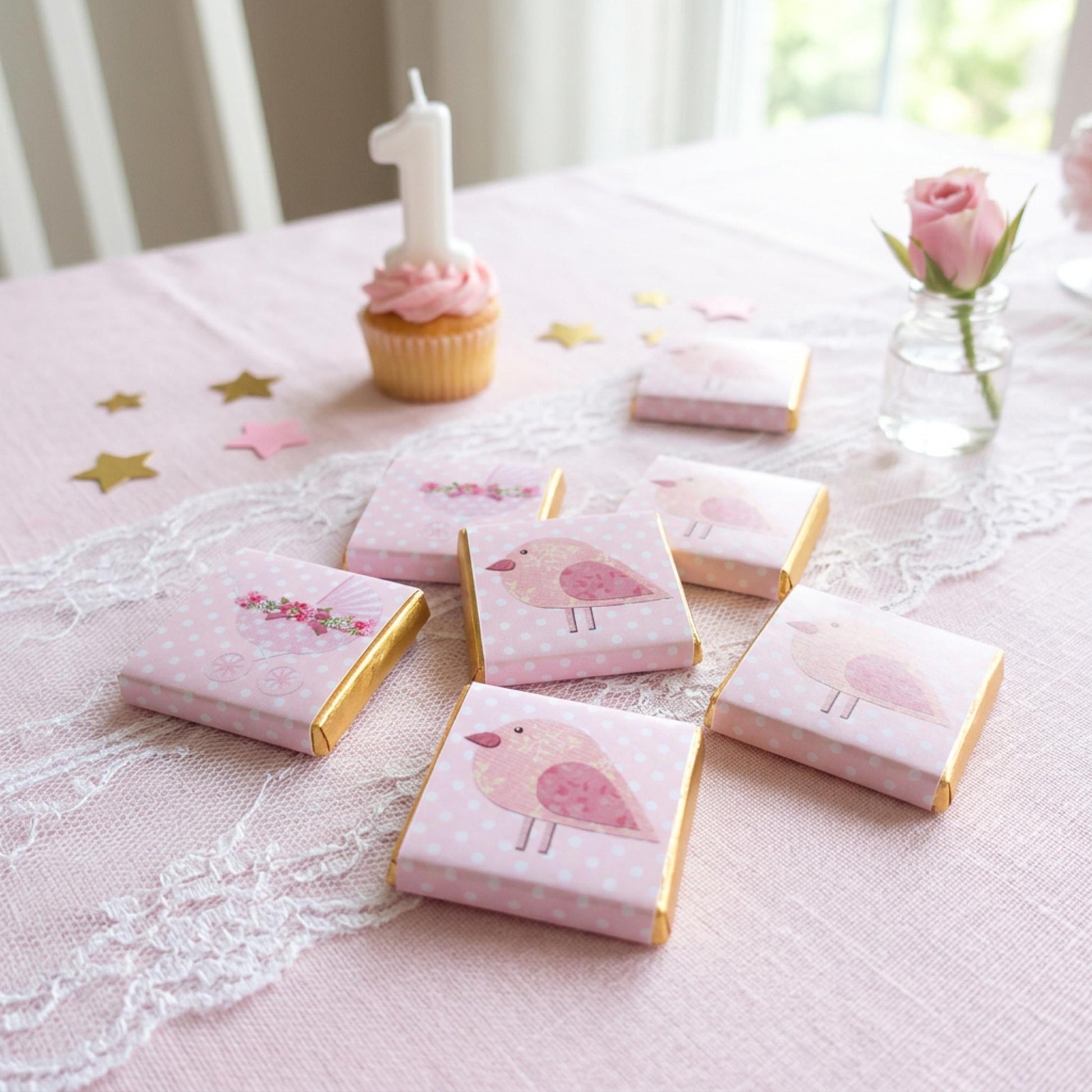 Personalised Baby Girl Chocolate Favours – Pink Bird Pram Sweets