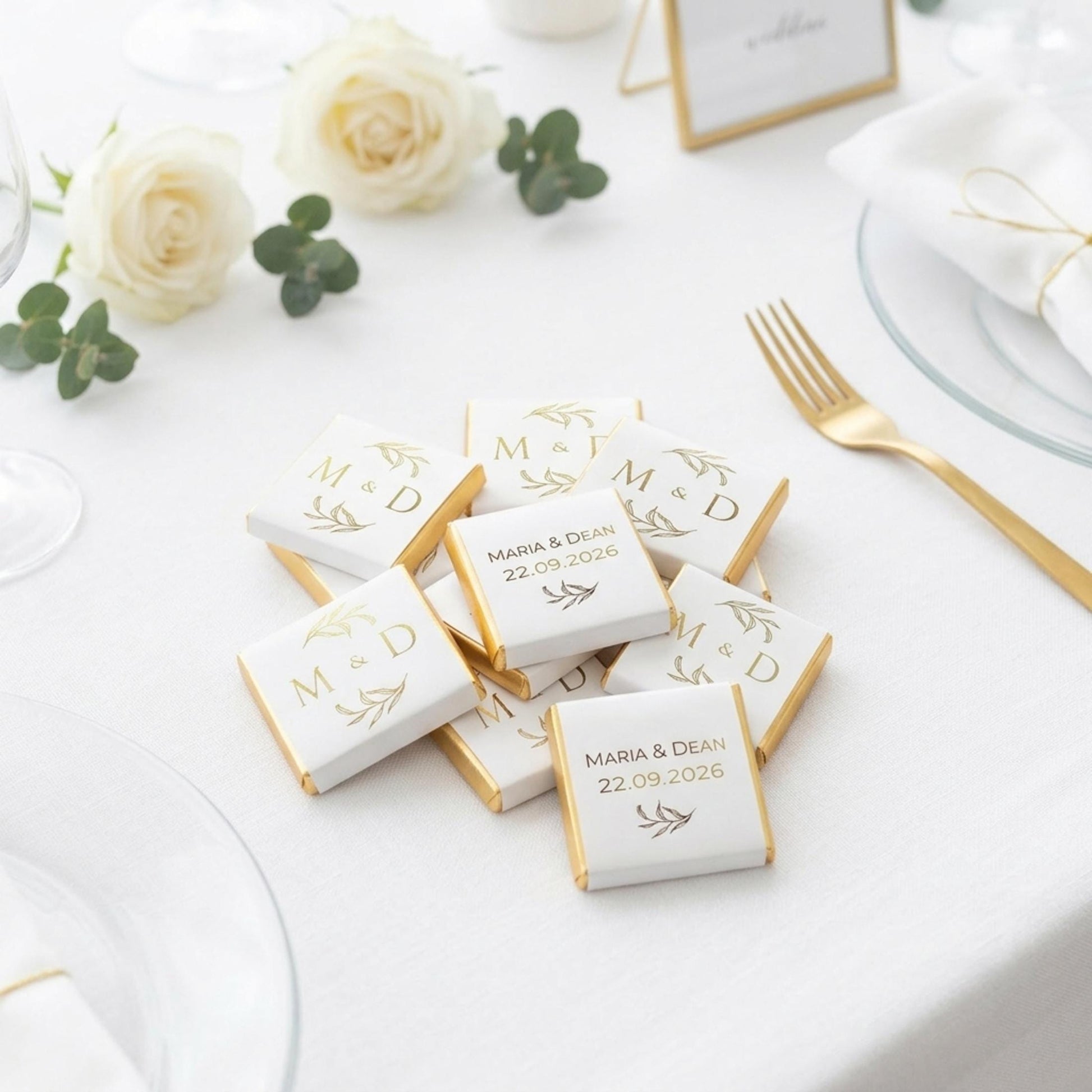 Personalised Wedding Favours, Golden Leaves Initials Chocolates, Gold Foiled Treats