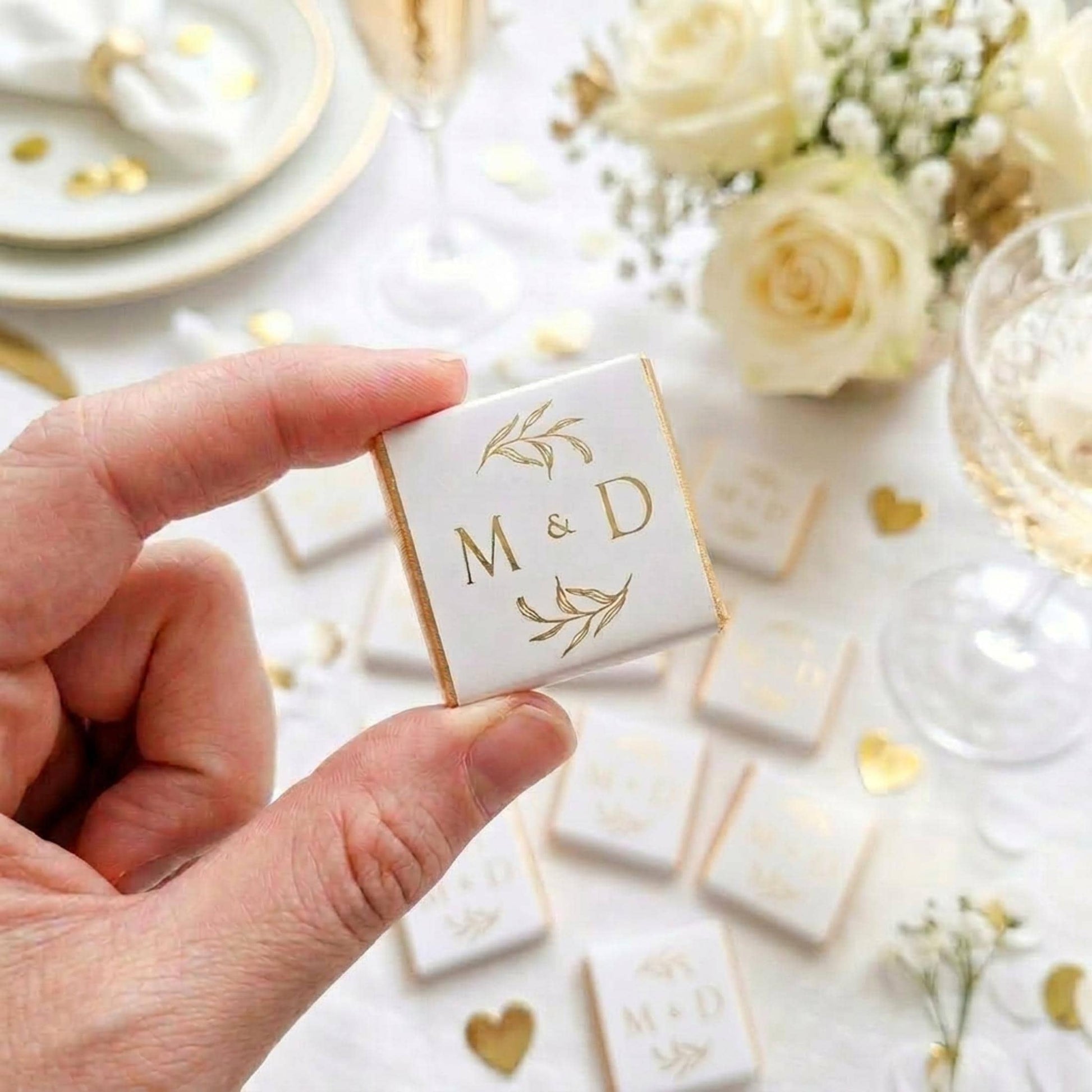 Personalised Wedding Favours, Golden Leaves Initials Chocolates, Gold Foiled Treats