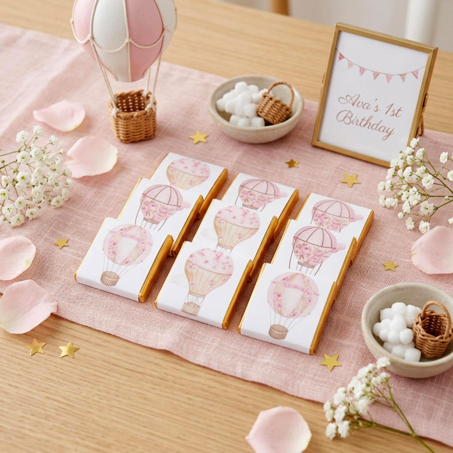 Personalised Pink Hot Air Balloon Chocolate Favours – Baby Shower, Birthday Guest Gifts
