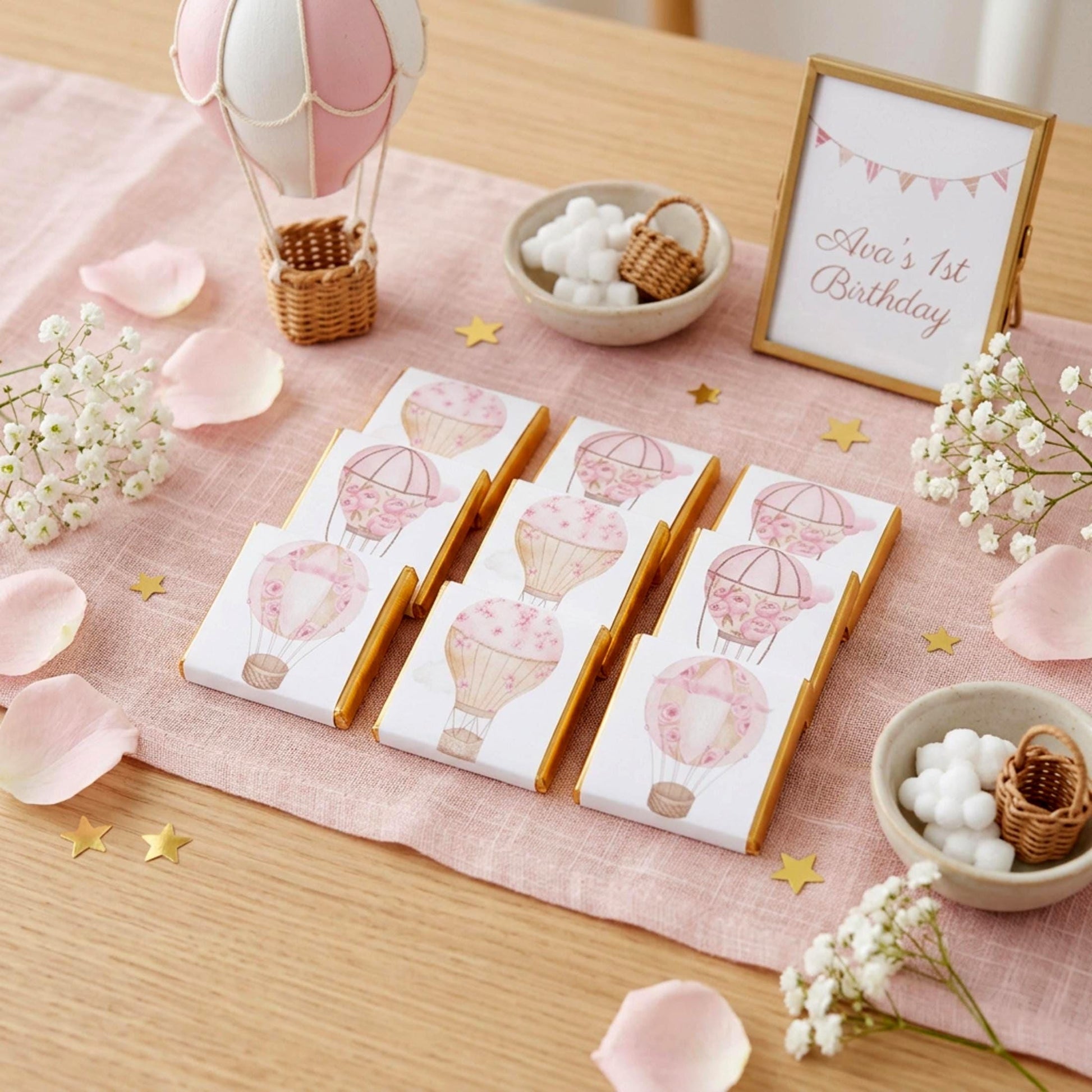 Personalised Pink Hot Air Balloon Chocolate Favours – Baby Shower, Birthday Guest Gifts