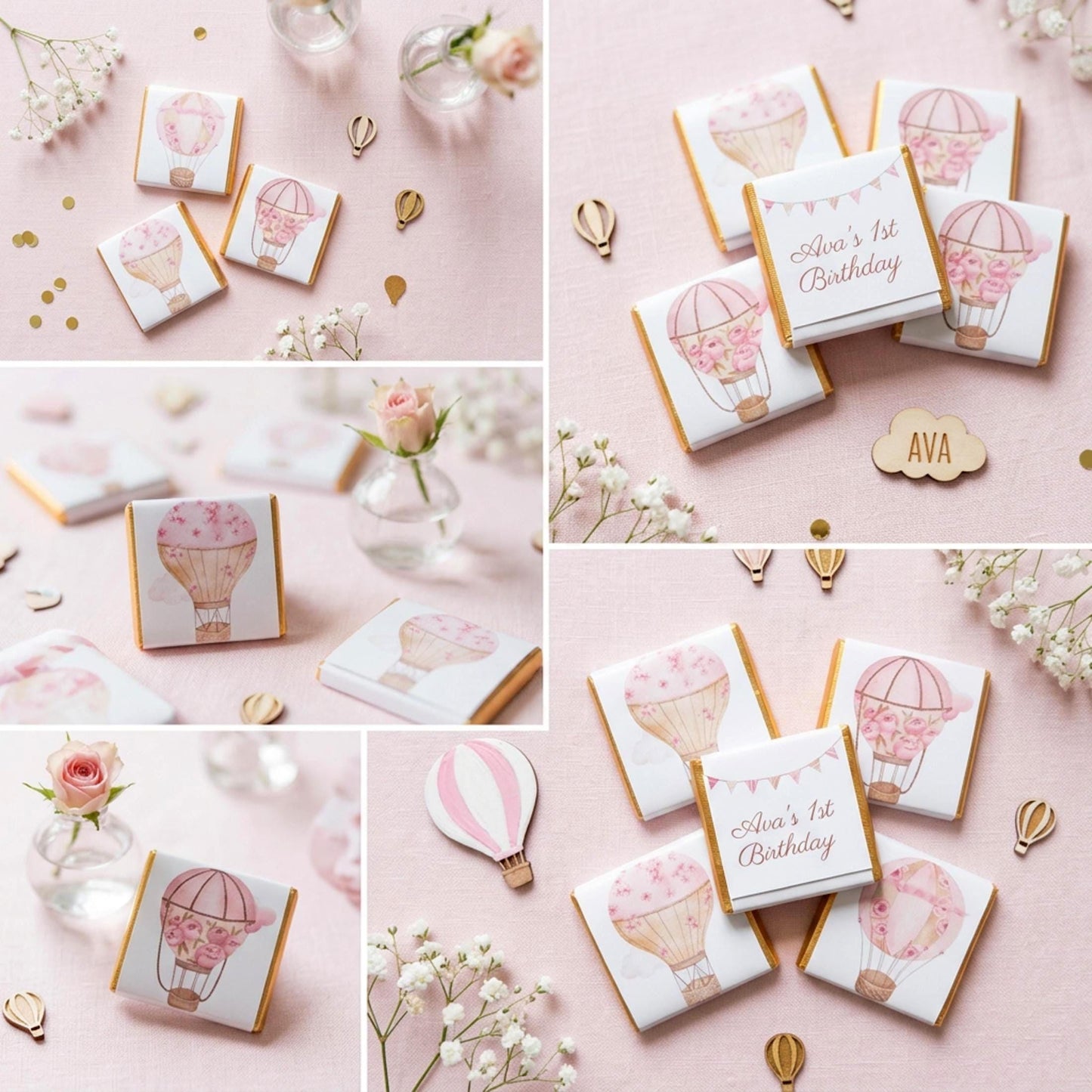 Personalised Pink Hot Air Balloon Chocolate Favours – Baby Shower, Birthday Guest Gifts