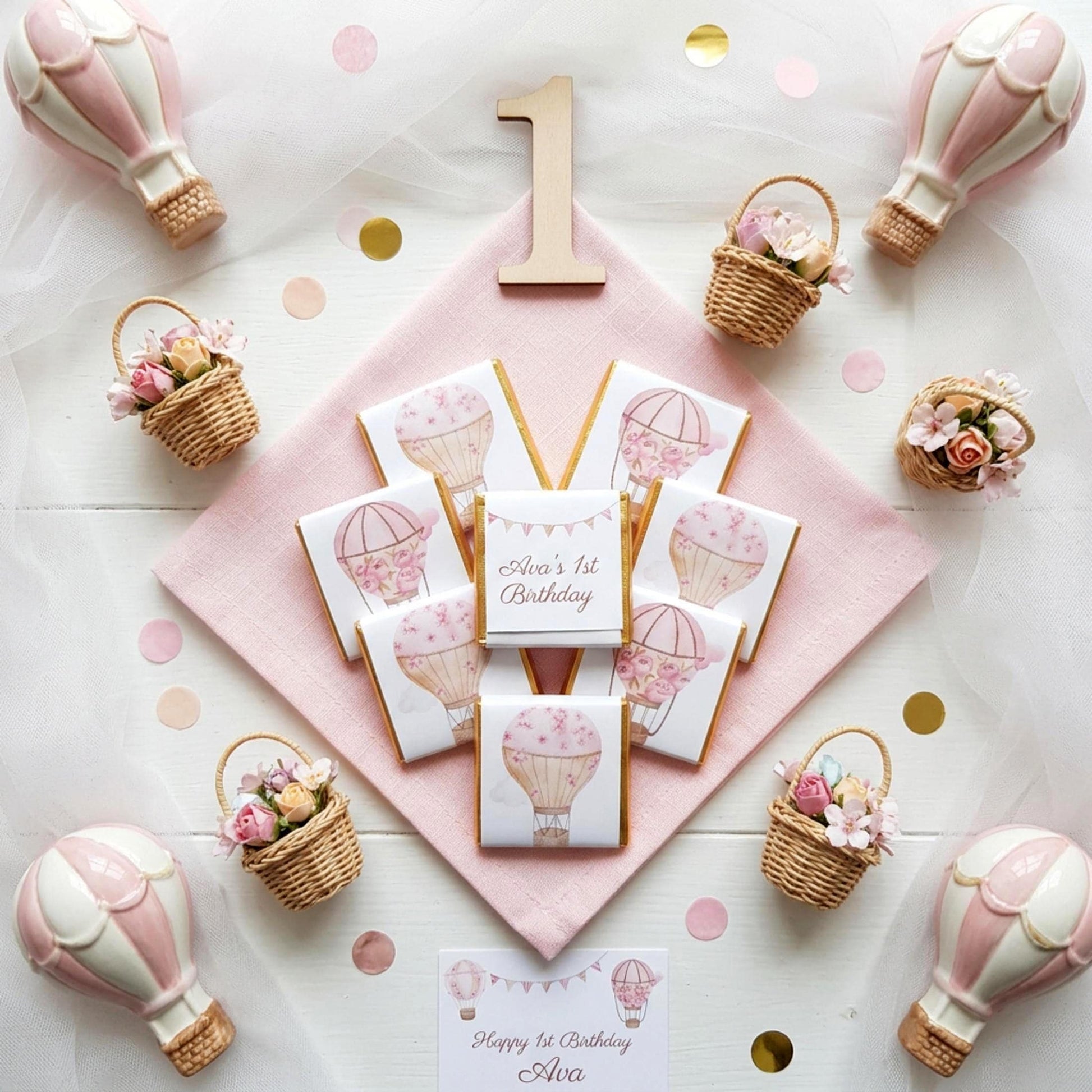 Personalised Pink Hot Air Balloon Chocolate Favours – Baby Shower, Birthday Guest Gifts