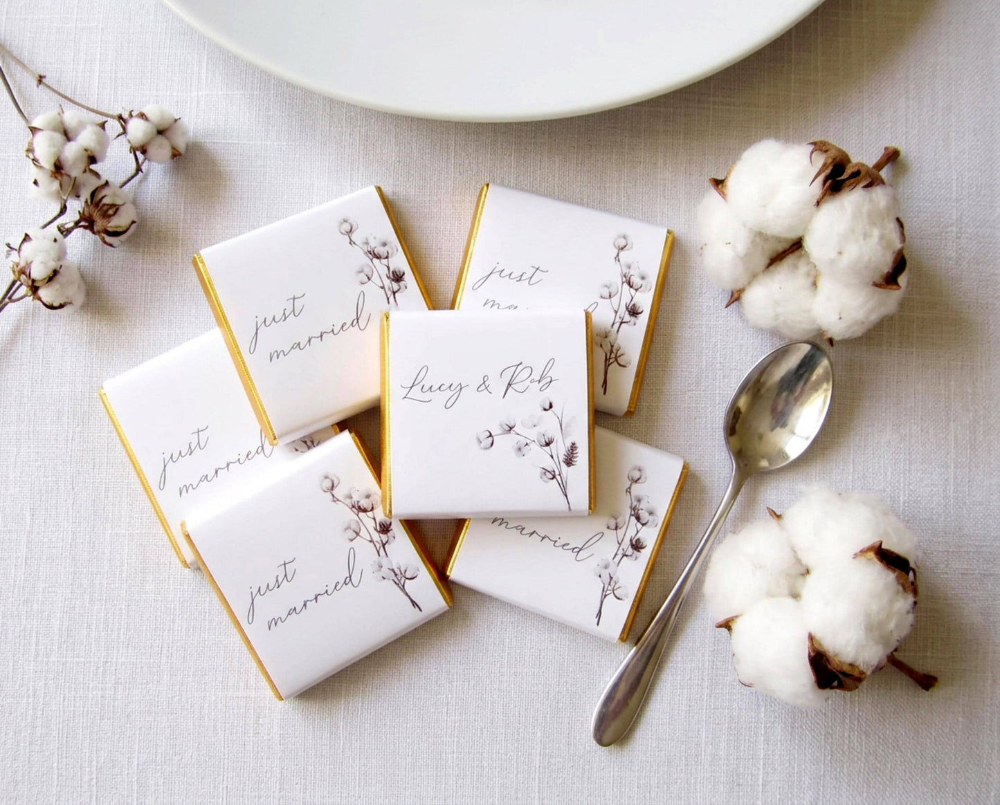 Personalised Cotton Blossom Wedding Favours - Just Married Chocolate Treats - Custom Boho Floral Guest Gifts