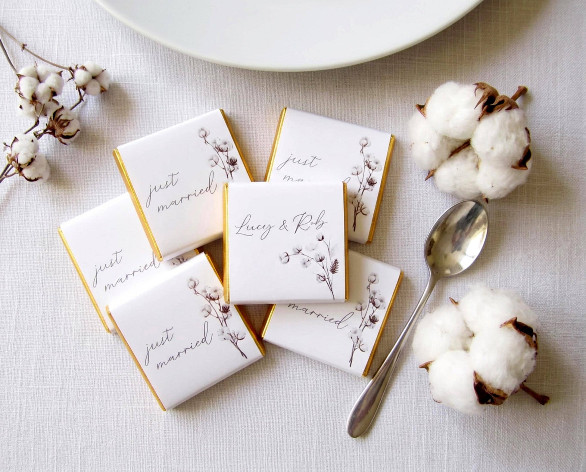 Personalised Cotton Blossom Wedding Favours - Just Married Chocolate Treats - Custom Boho Floral Guest Gifts