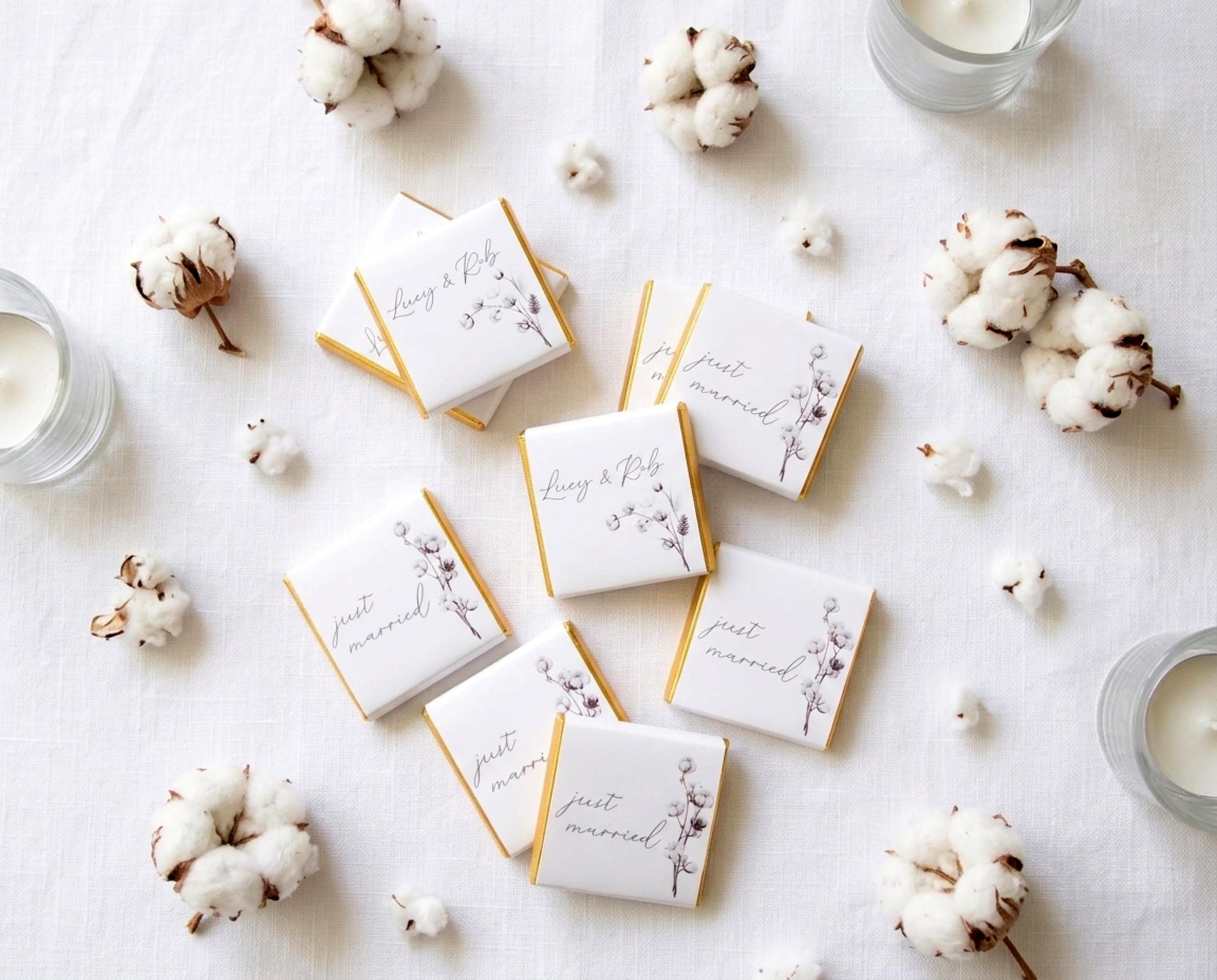 Personalised Cotton Blossom Wedding Favours - Just Married Chocolate Treats - Custom Boho Floral Guest Gifts
