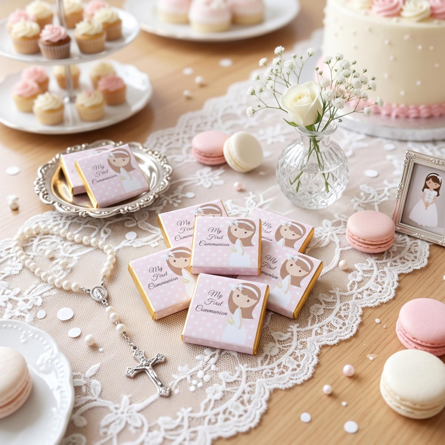 Personalised 1st Holy Communion Favours - Girls Pink Floral Chocolate Treats - Religious Party Bag Filler
