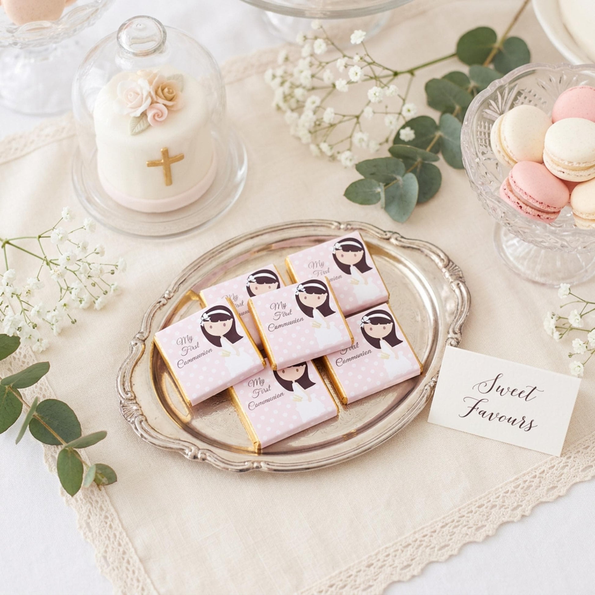Personalised 1st Holy Communion Favours - Girls Pink Floral Chocolate Treats - Religious Party Bag Filler