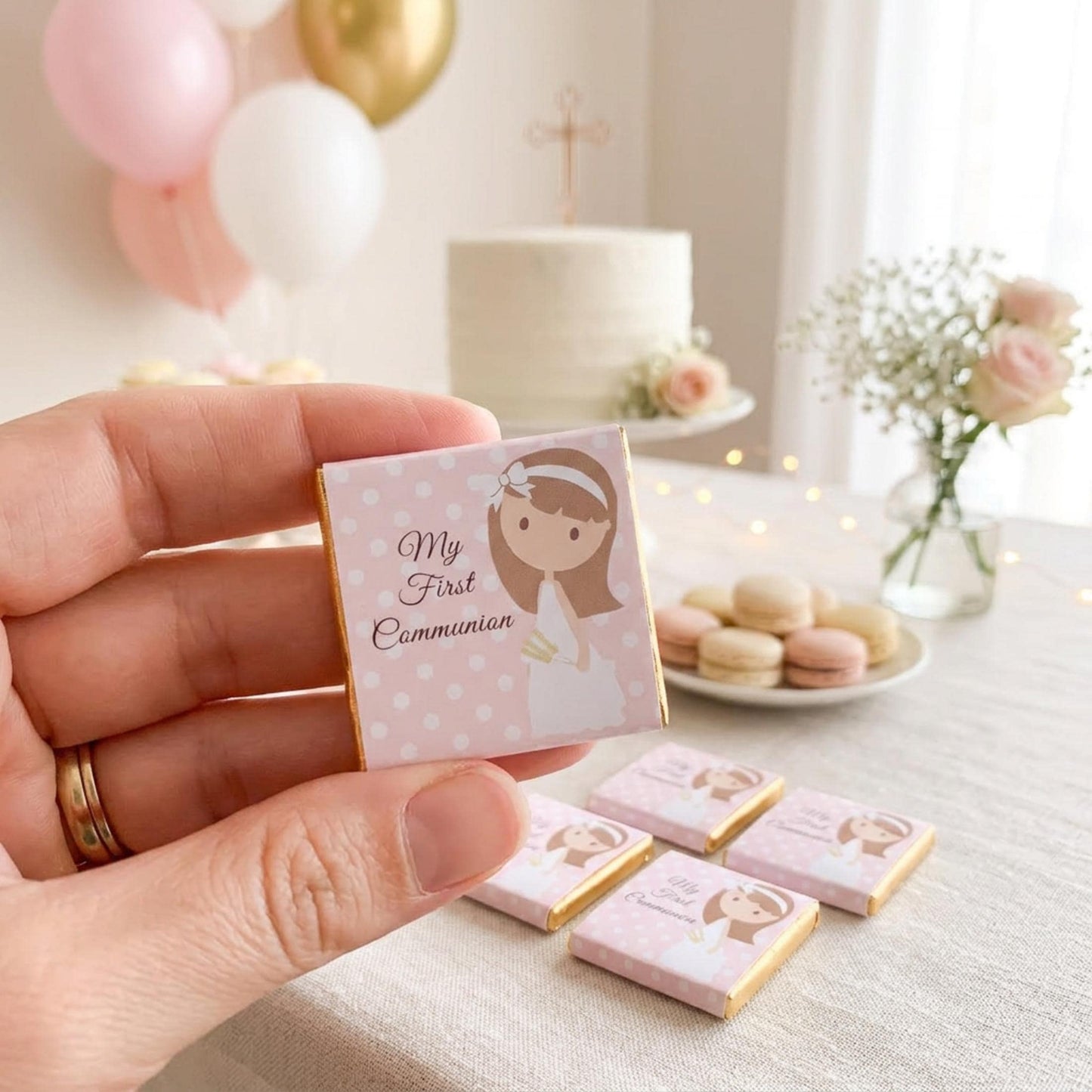 Personalised 1st Holy Communion Favours - Girls Pink Floral Chocolate Treats - Religious Party Bag Filler