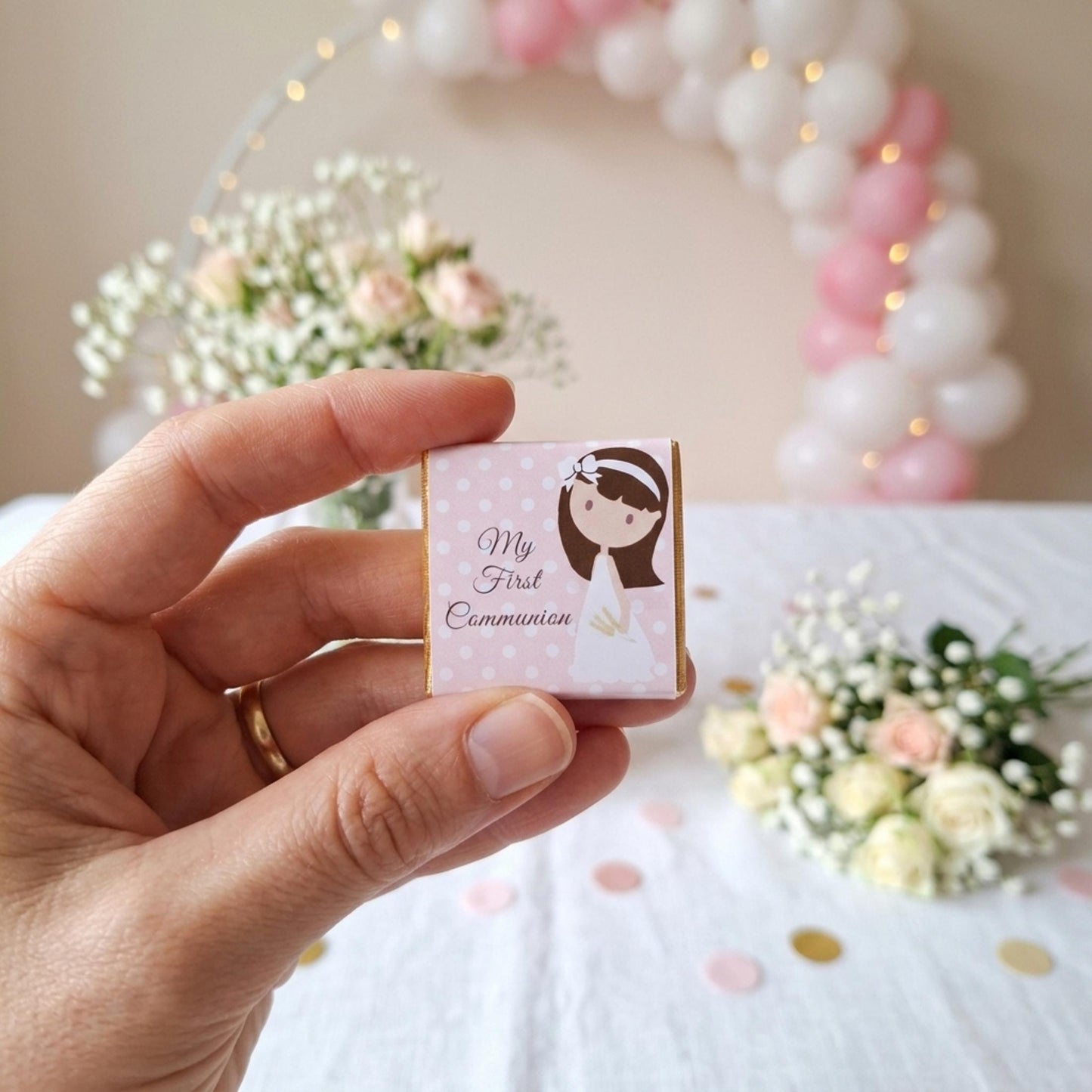 Personalised 1st Holy Communion Favours - Girls Pink Floral Chocolate Treats - Religious Party Bag Filler