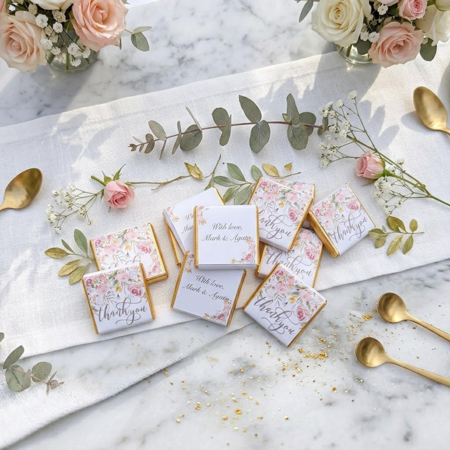Personalised Pink Floral Chocolate Favours – Custom Thank You Wedding Treats