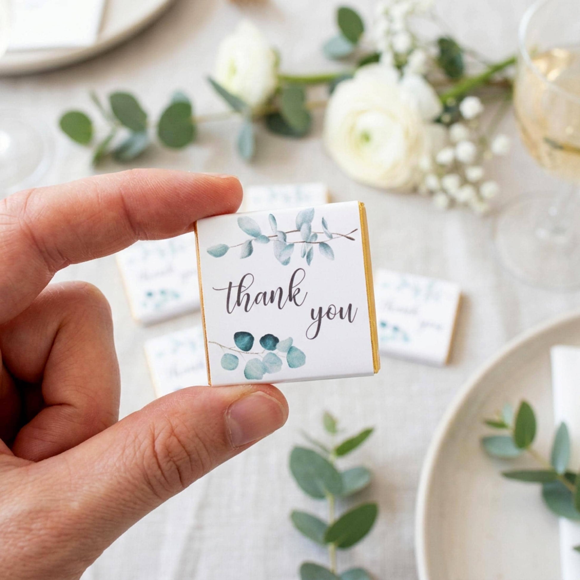 Personalised Thank You Party Favours - Botanical Eucalyptus Chocolate Treats - Green Wedding Party bag filler