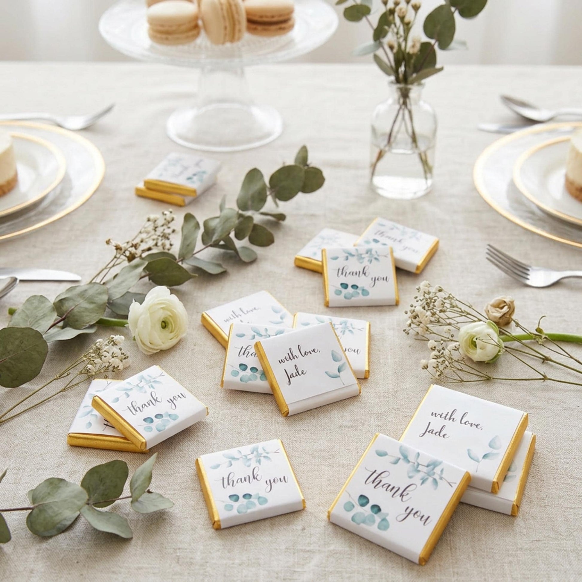 Personalised Thank You Party Favours - Botanical Eucalyptus Chocolate Treats - Green Wedding Party bag filler
