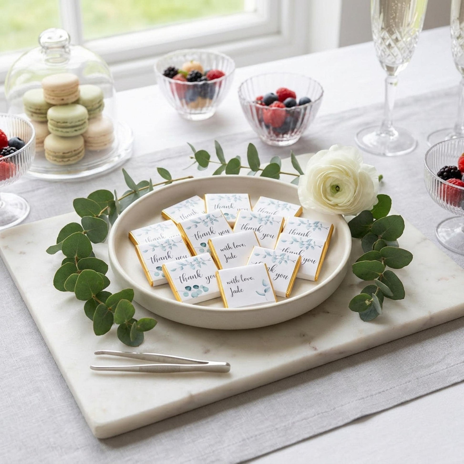 Personalised Thank You Party Favours - Botanical Eucalyptus Chocolate Treats - Green Wedding Party bag filler