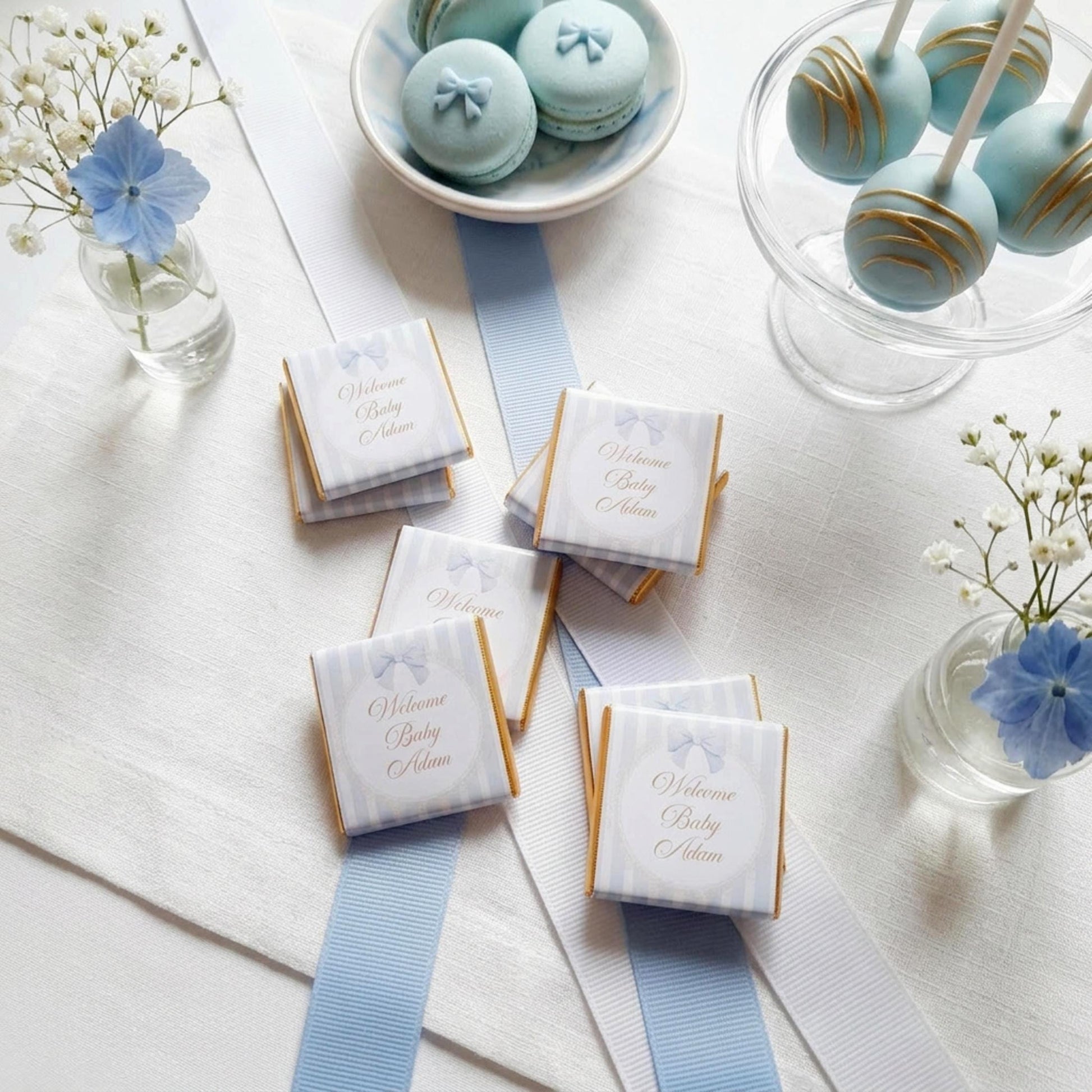 Personalised Baby Boy Chocolate Favours – Blue Stripe New Arrival Treats