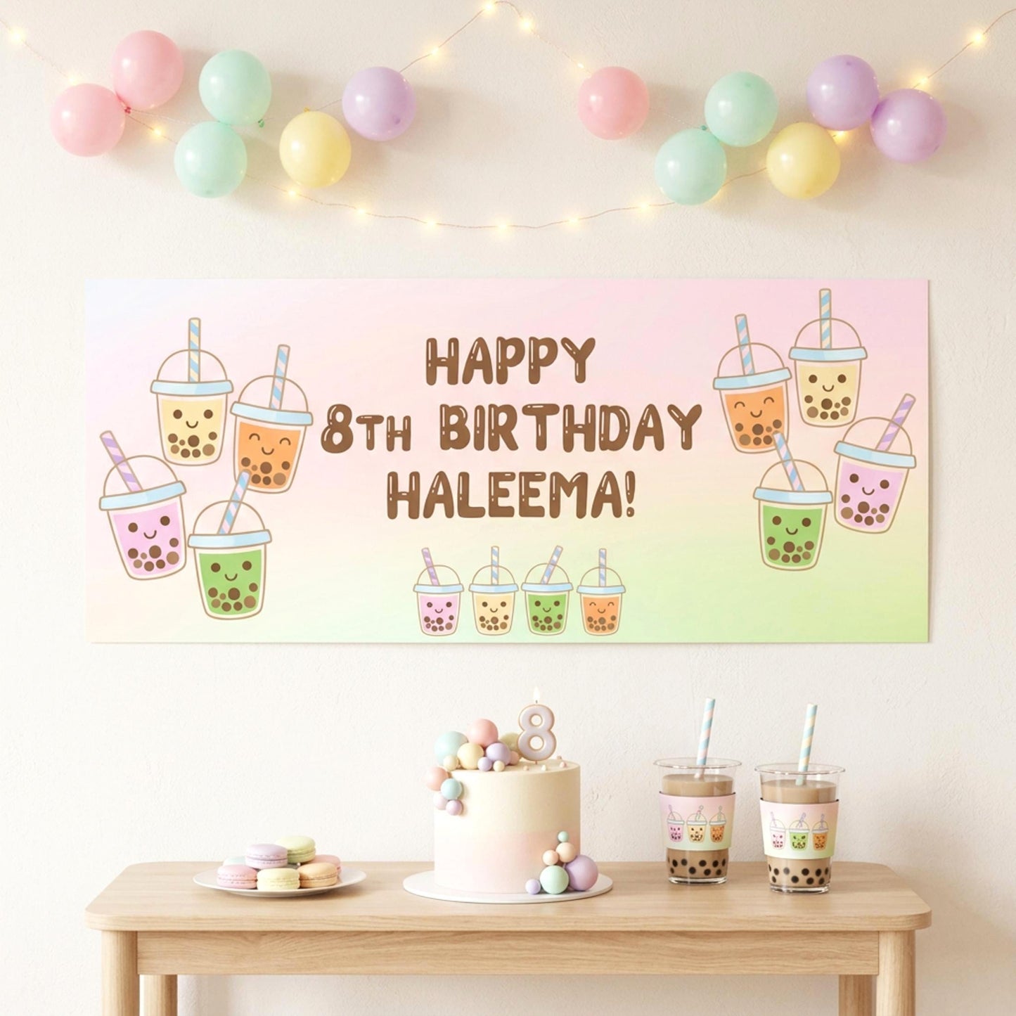 Personalised Bubble Tea Birthday Banner, Kawaii Boba Party Backdrop, Customisable Decor