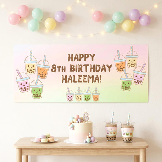 Personalised Bubble Tea Birthday Banner, Kawaii Boba Party Backdrop, Customisable Decor